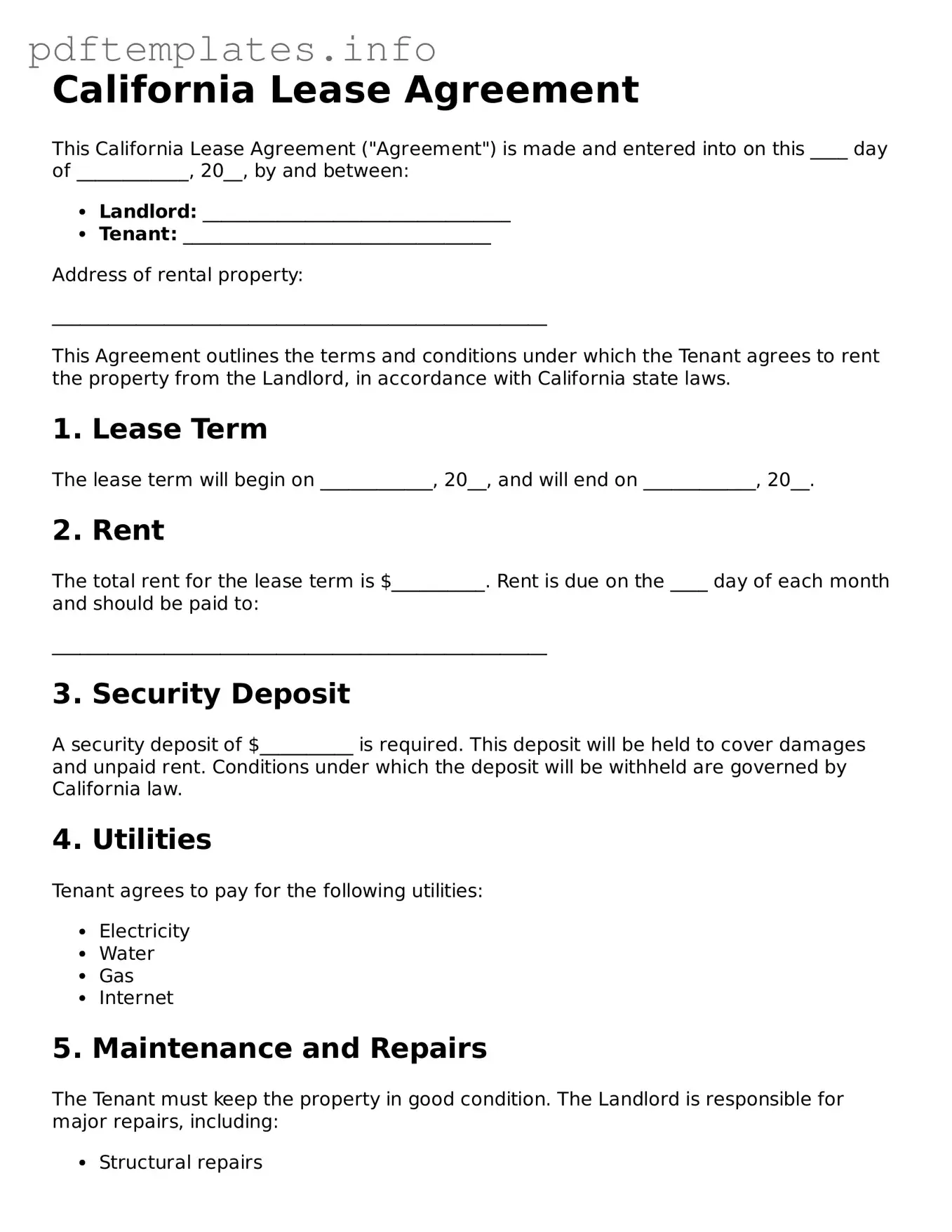 Blank Lease Agreement Form for California State