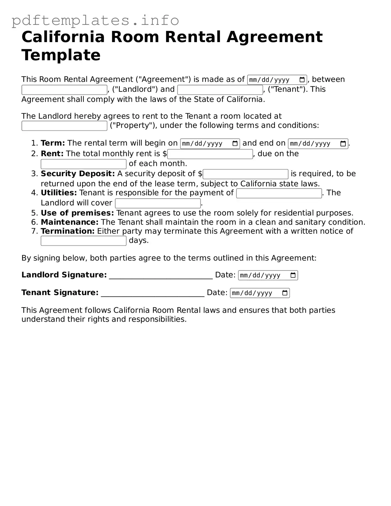 Blank Room Rental Agreement Form for California State