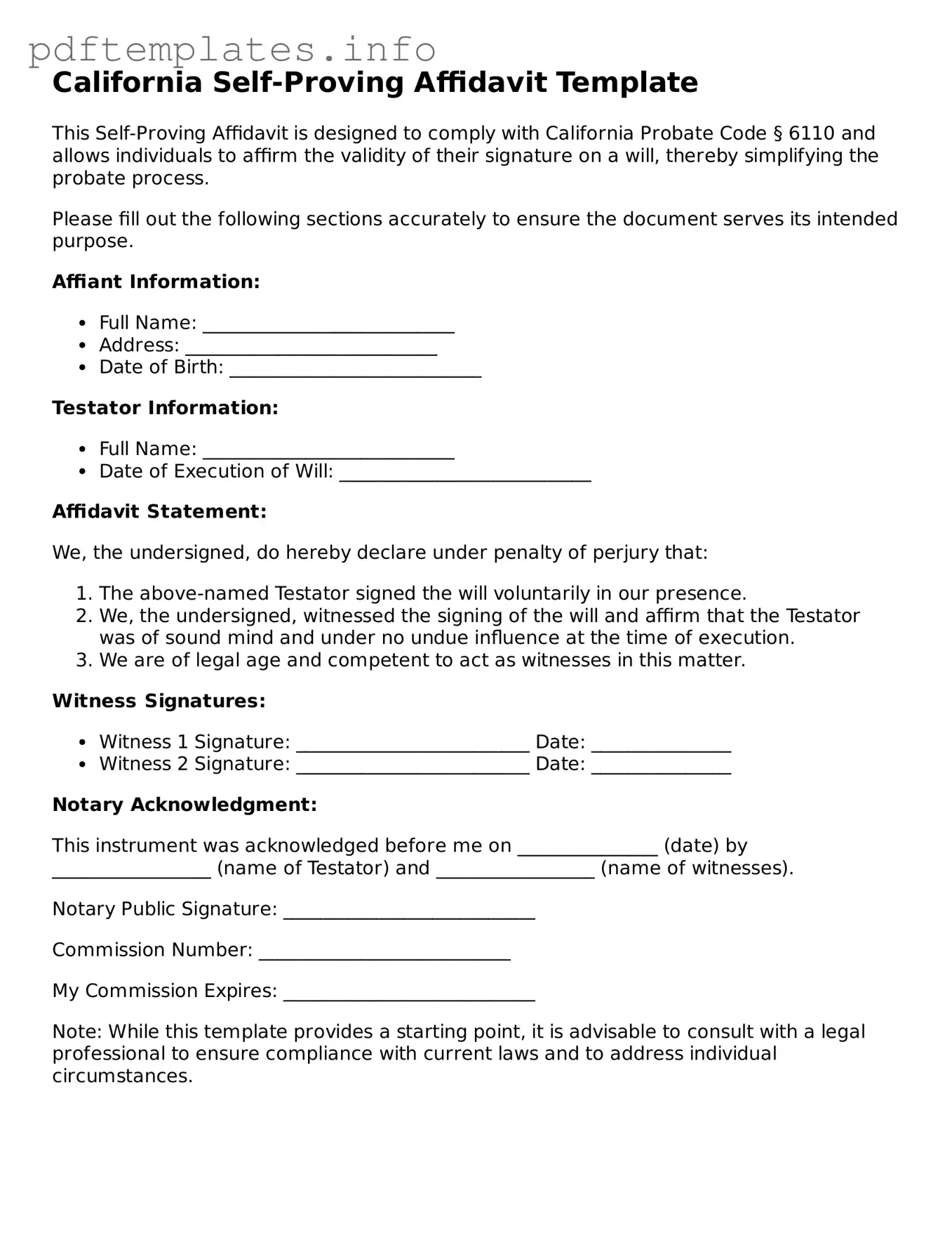 Blank Self-Proving Affidavit Form for California State