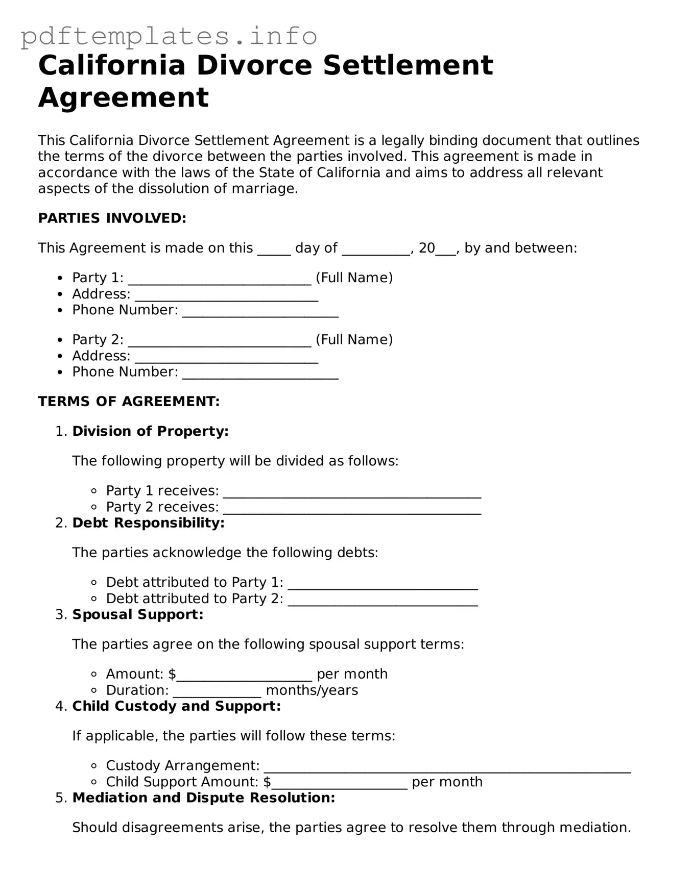 Blank Divorce Settlement Agreement Form for California State