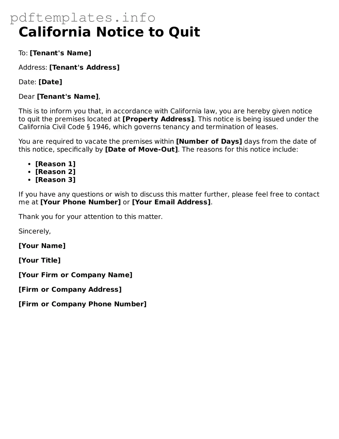 Blank Notice to Quit Form for California State