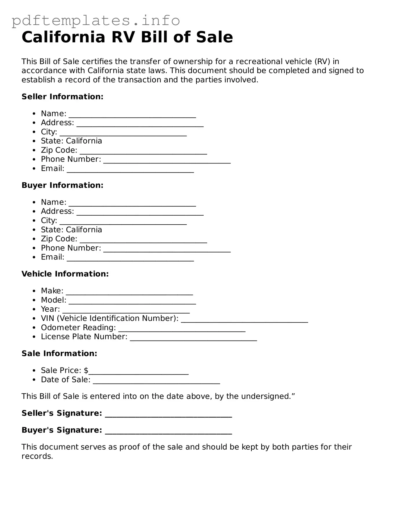 Blank RV Bill of Sale Form for California State