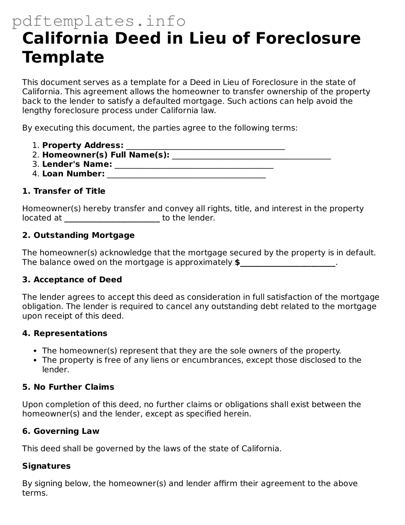 Blank Deed in Lieu of Foreclosure Form for California State