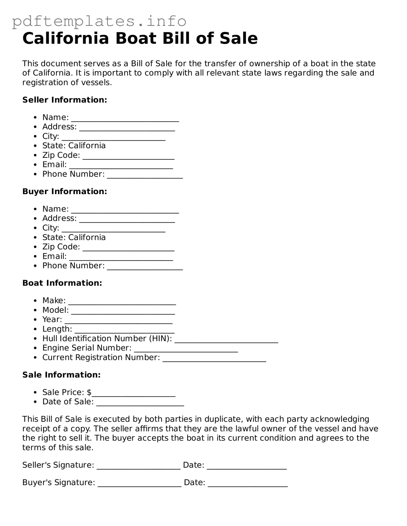 Blank Boat Bill of Sale Form for California State