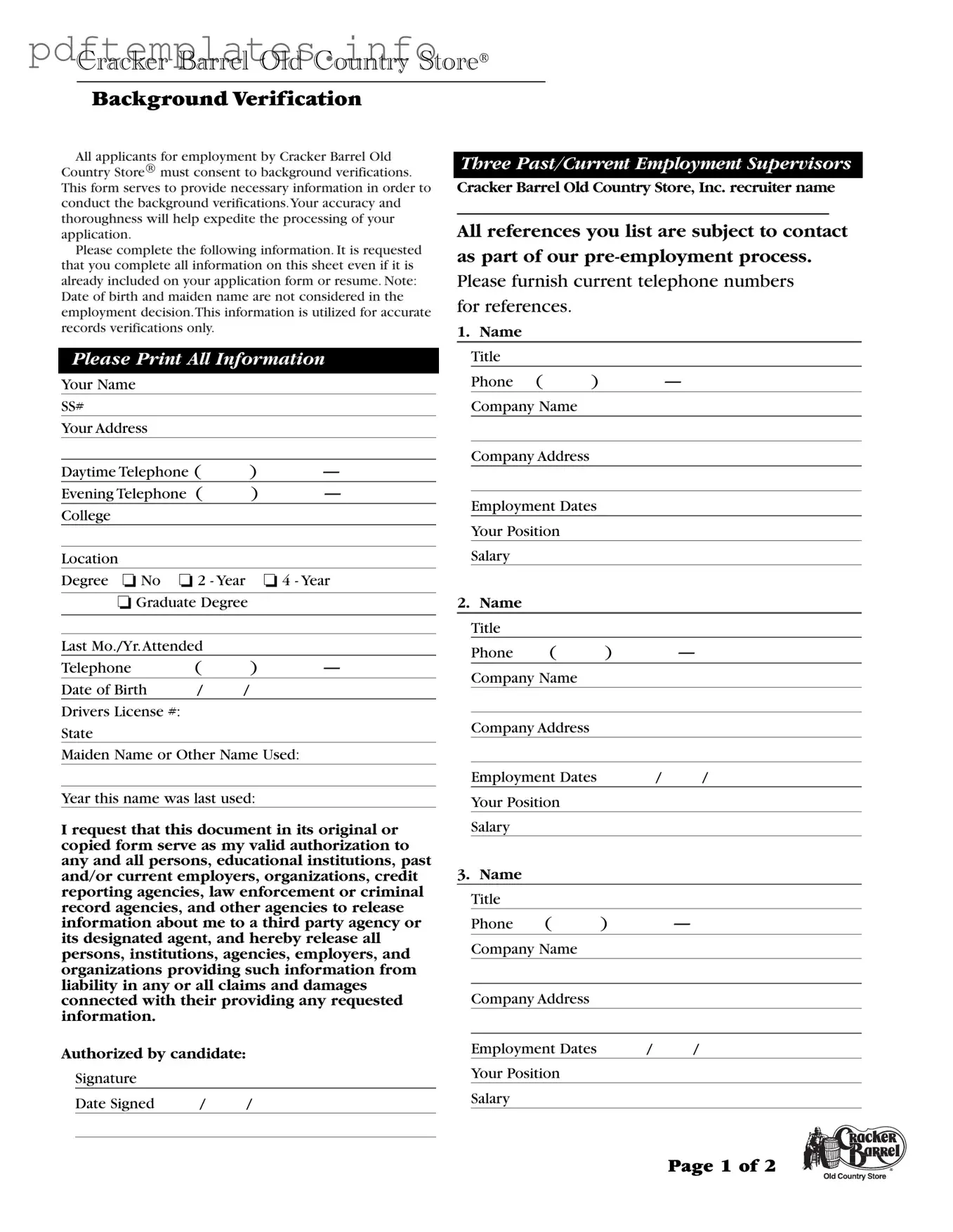 Fill Out a Valid Cracker Barrel Background Check Form