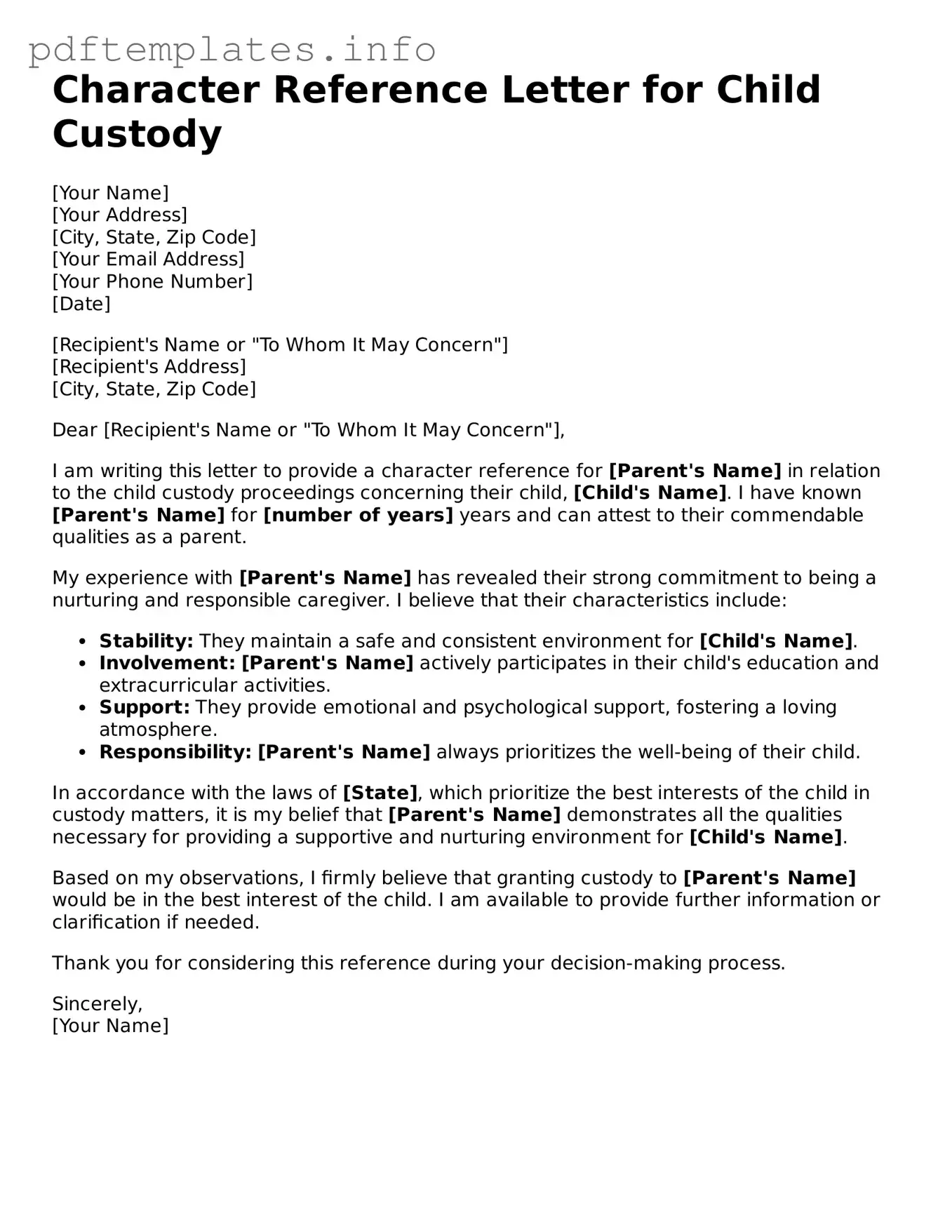 Printable Character Reference Letter for Child Custody Form