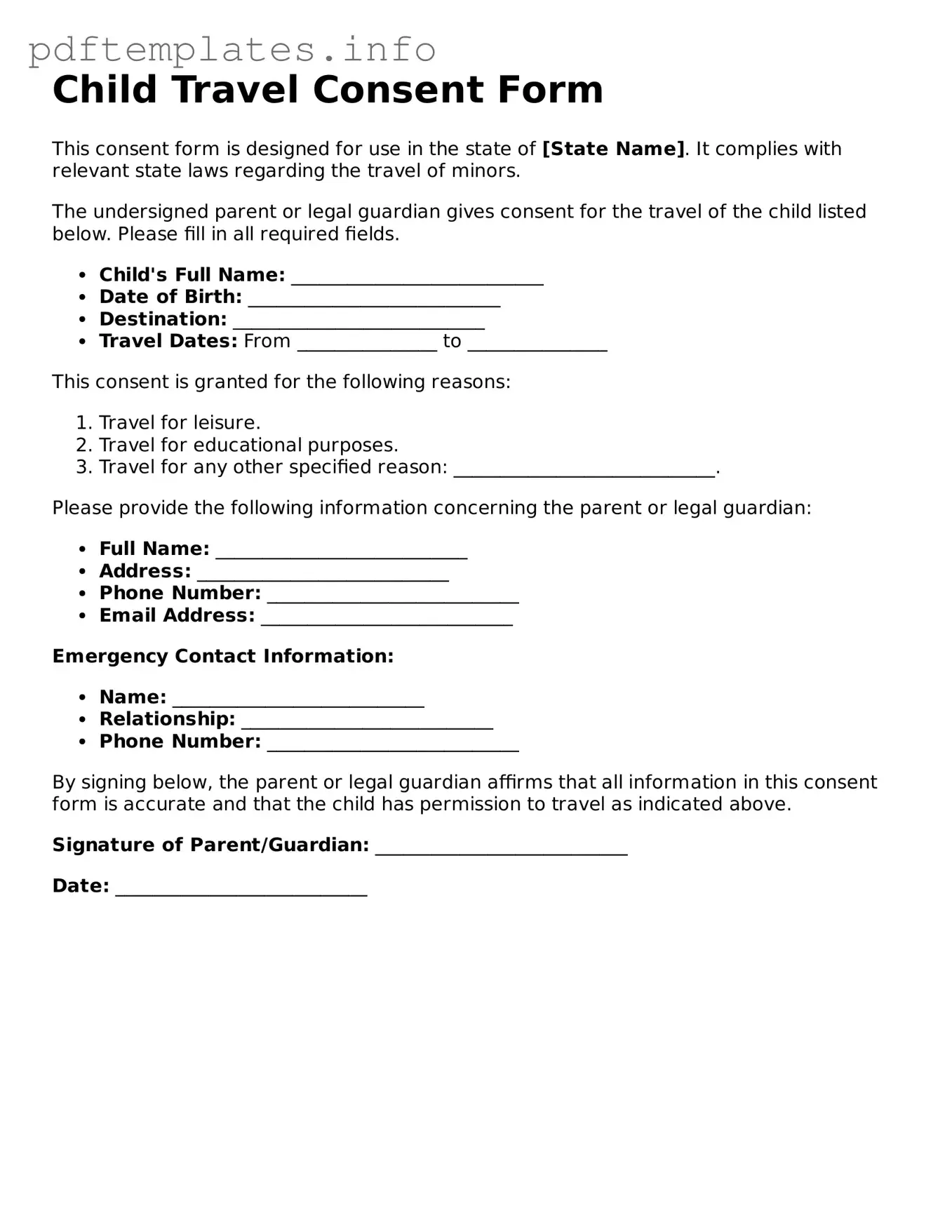 Printable Child Travel Consent Form Form