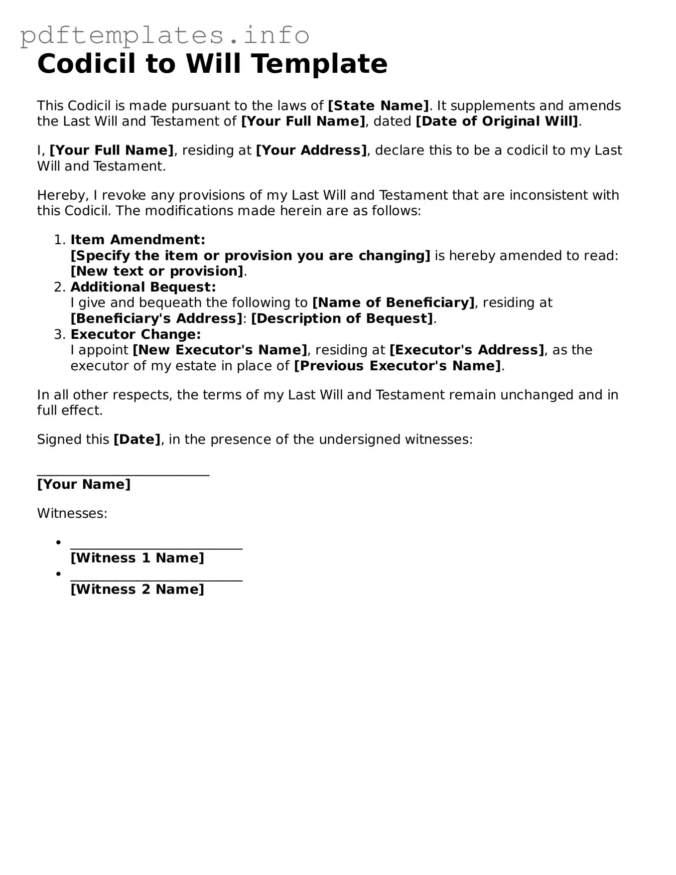 Printable Codicil to Will Form