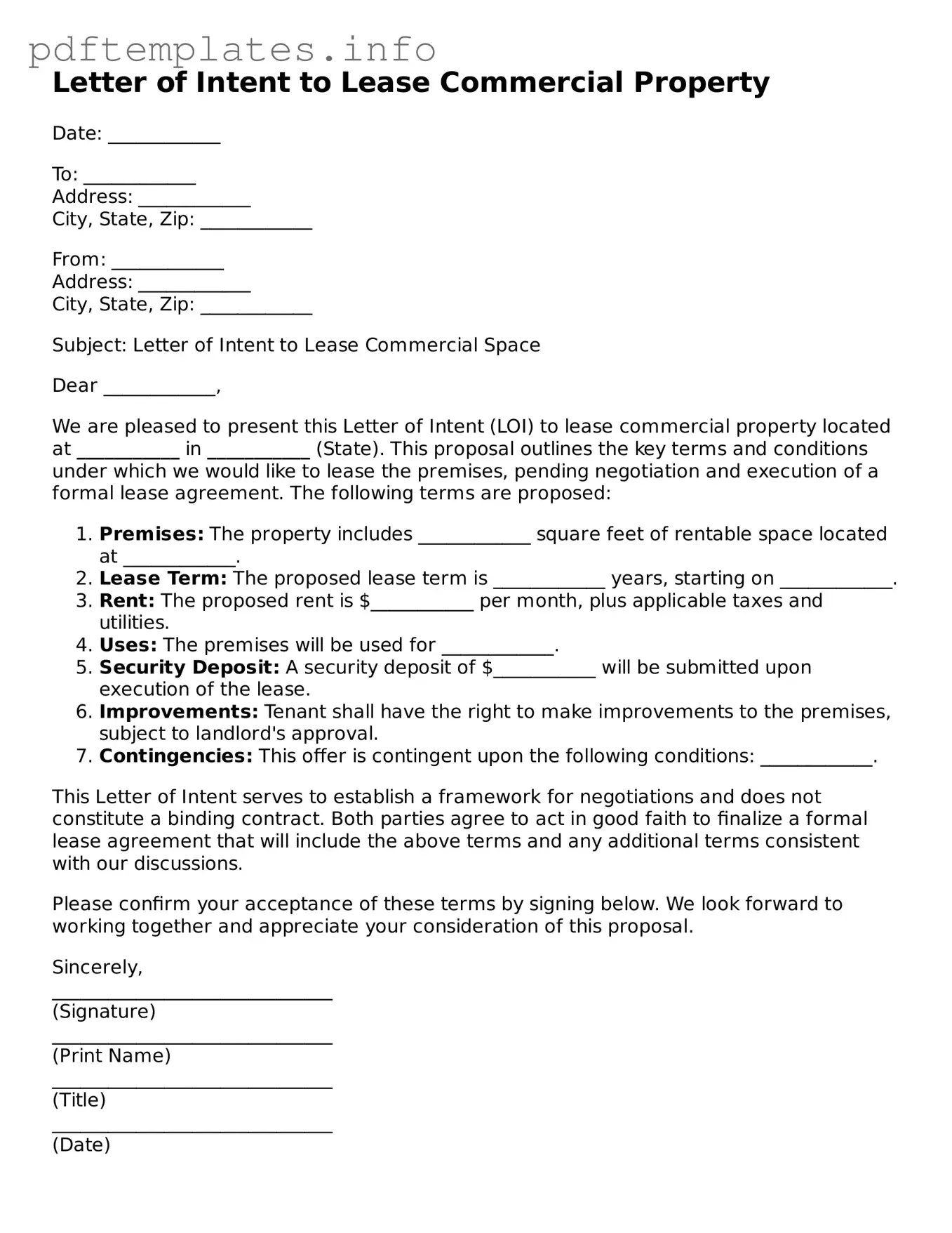 Printable Letter of Intent to Lease Commercial Property Form