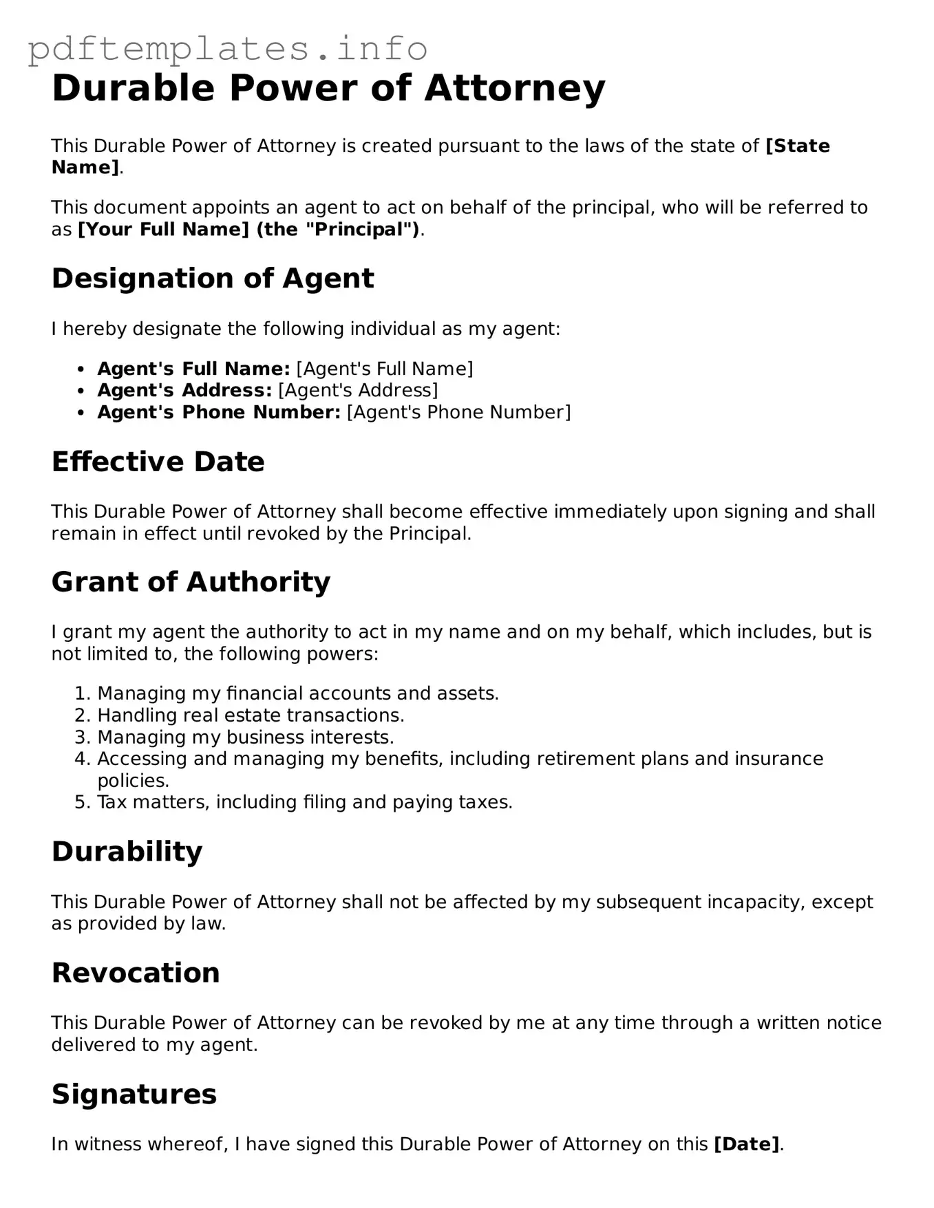 Printable Durable Power of Attorney Form