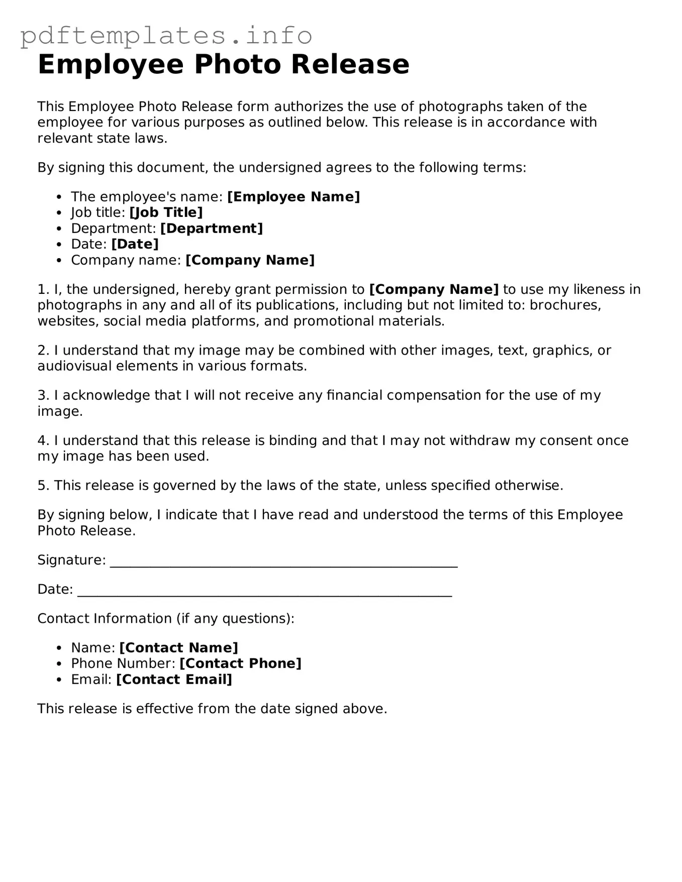 Printable Employee Photo Release Form