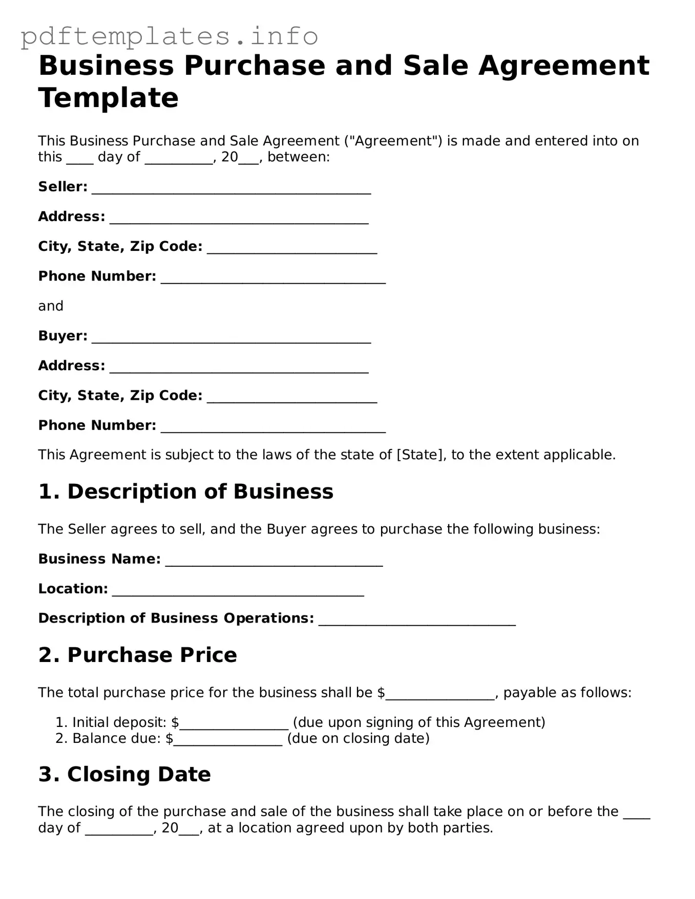 Printable Business Purchase and Sale Agreement Form