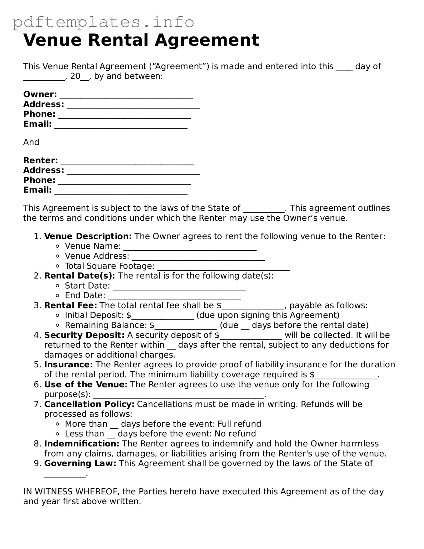 Printable Venue Rental Agreement Form