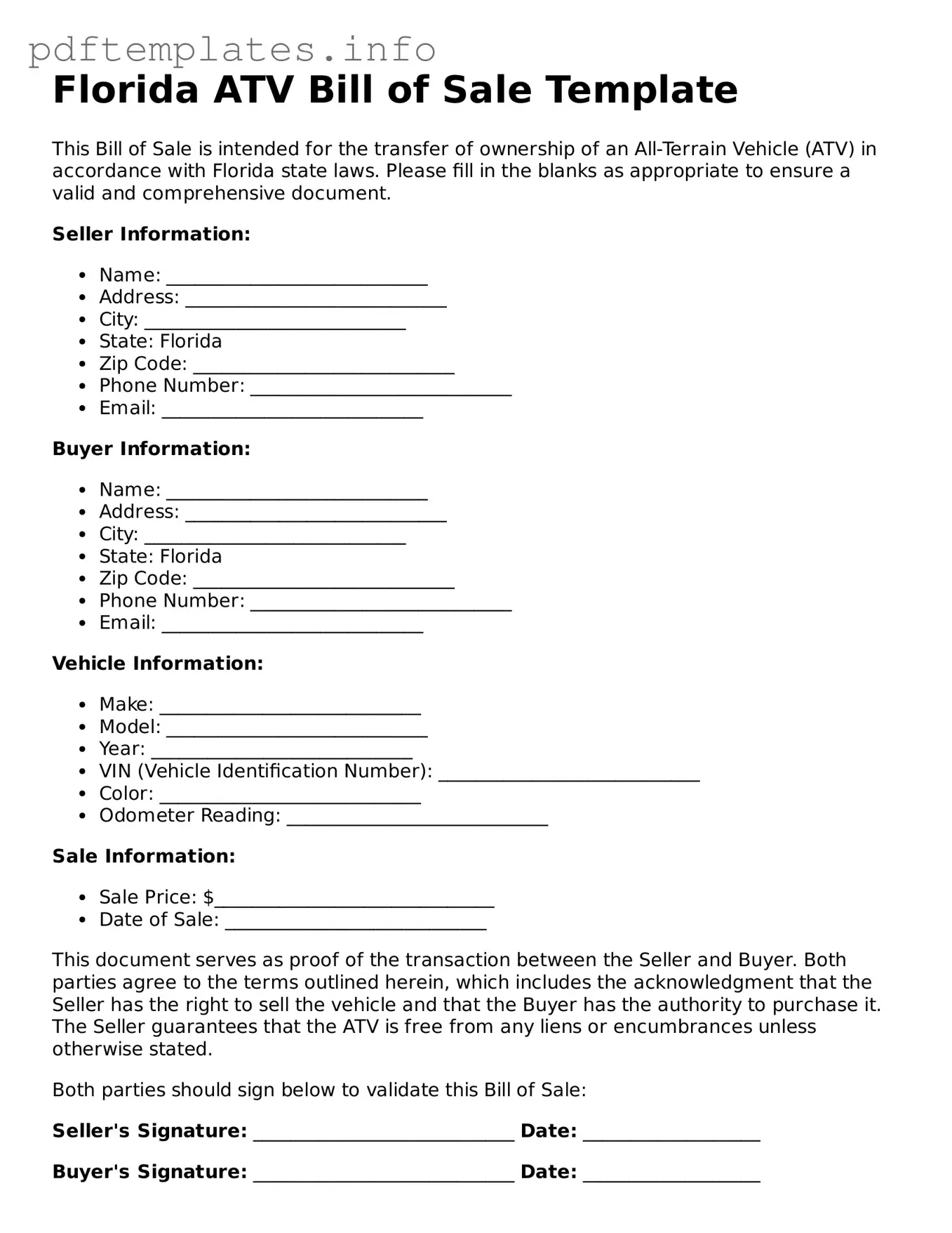 Blank ATV Bill of Sale Form for Florida State