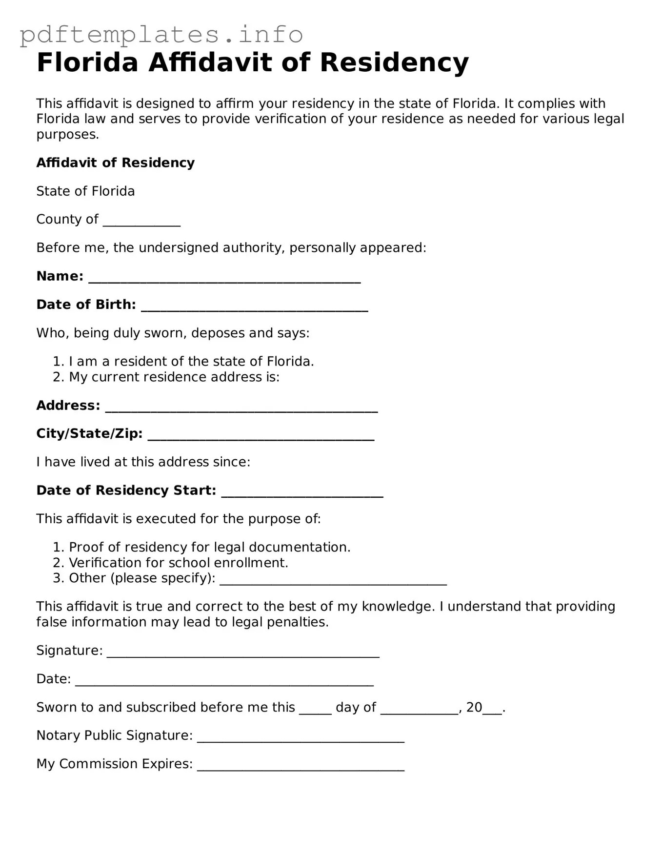 Blank Affidavit of Residency Form for Florida State