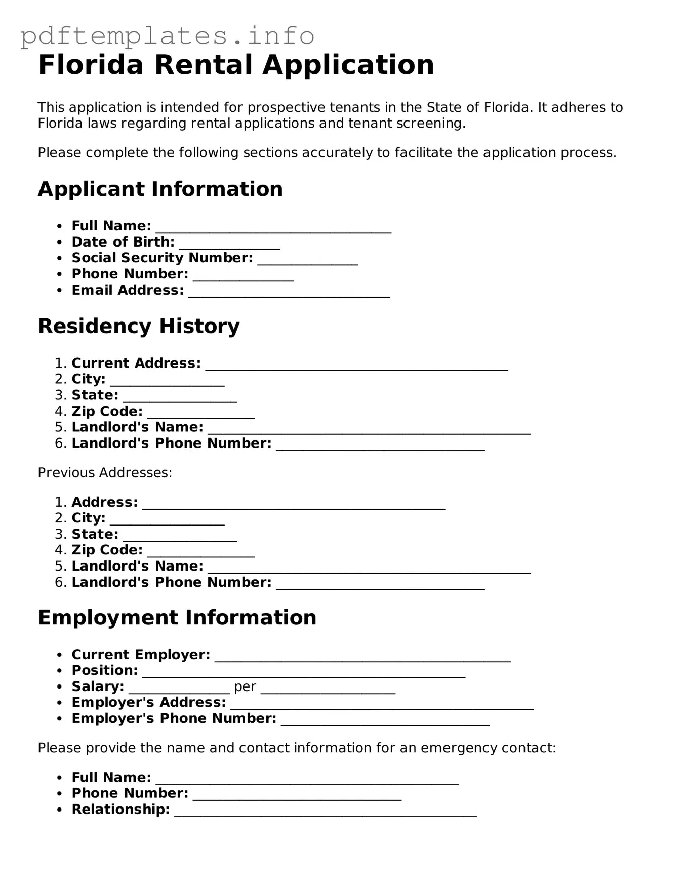 Blank Rental Application Form for Florida State