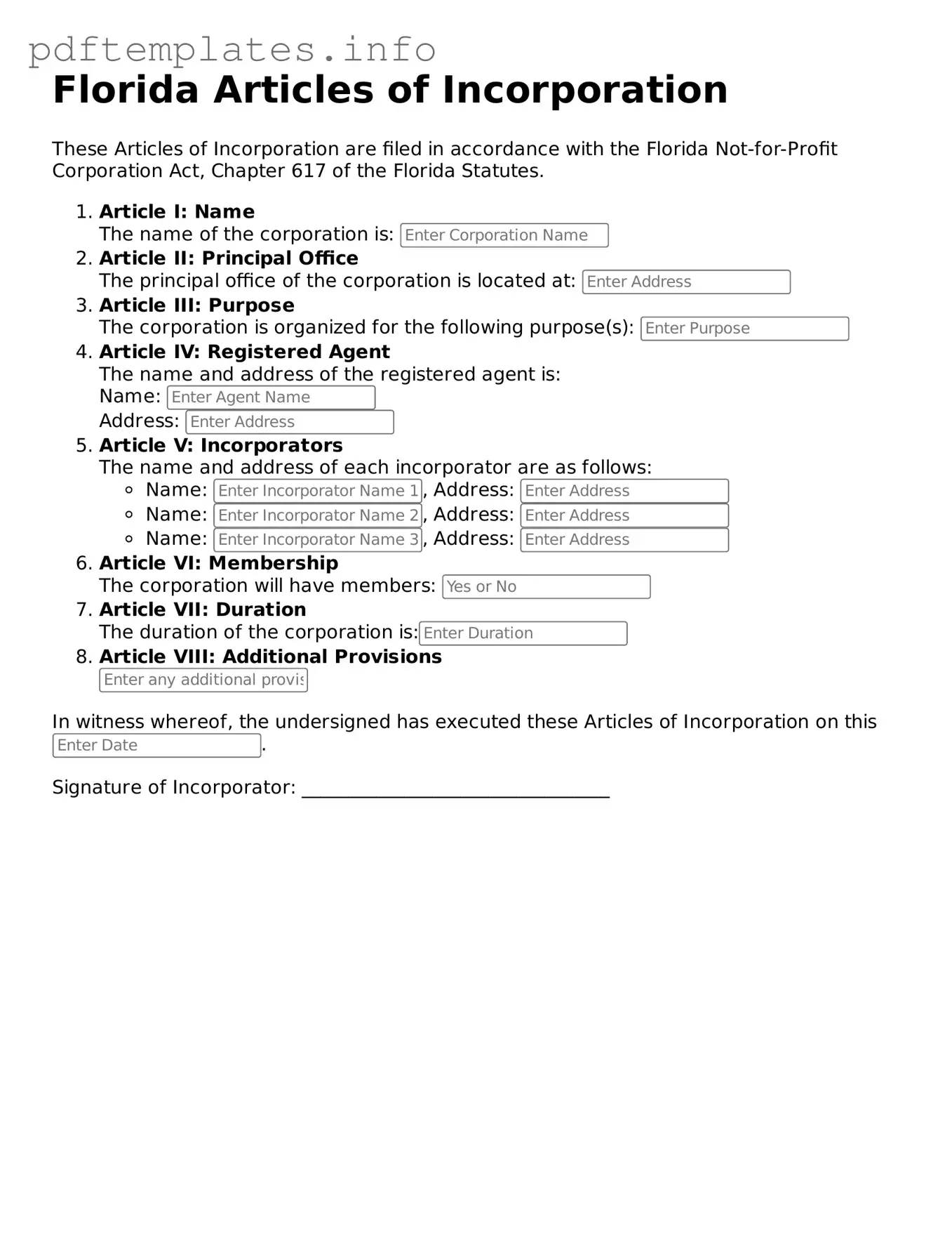 Blank Articles of Incorporation Form for Florida State