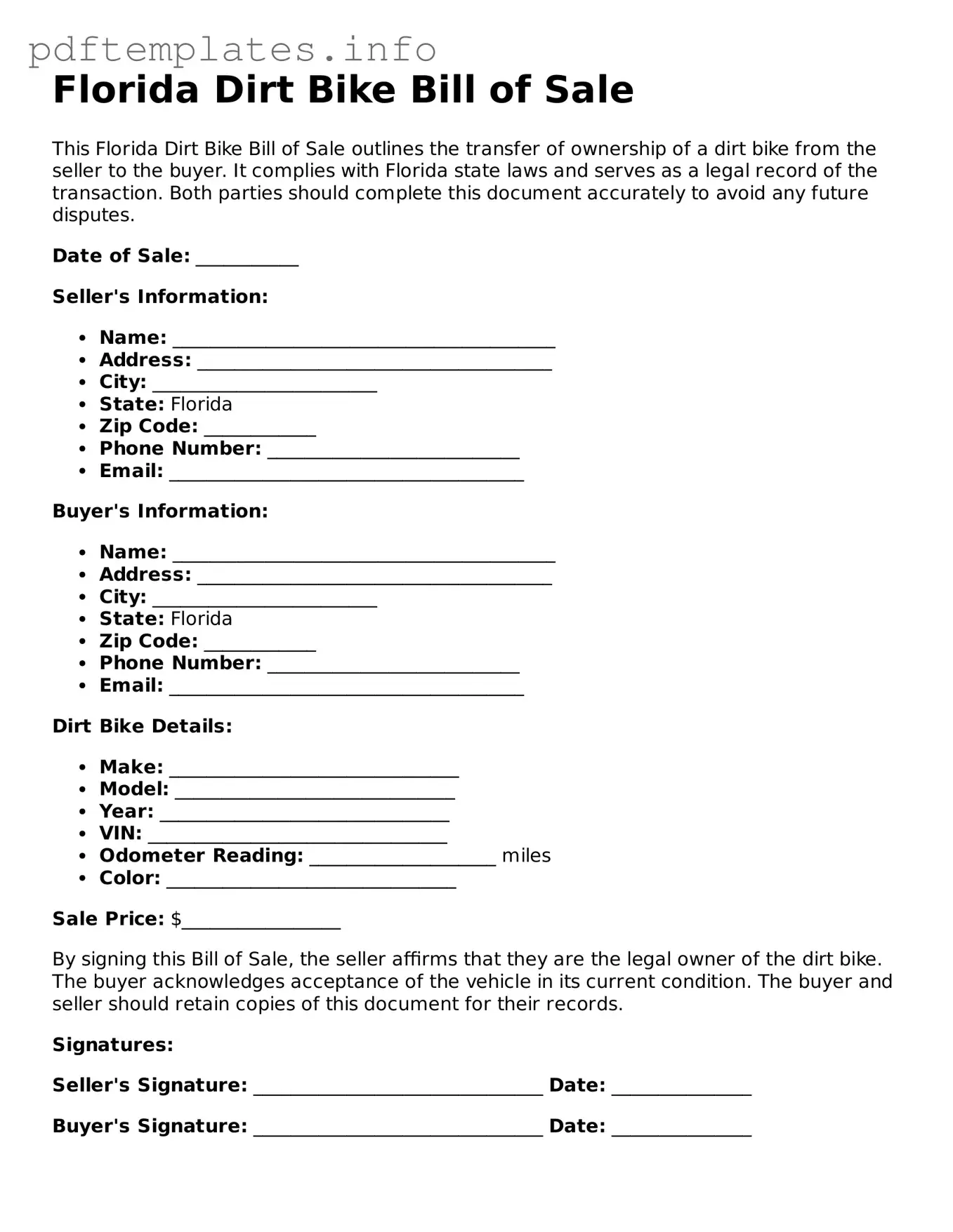 Blank Dirt Bike Bill of Sale Form for Florida State