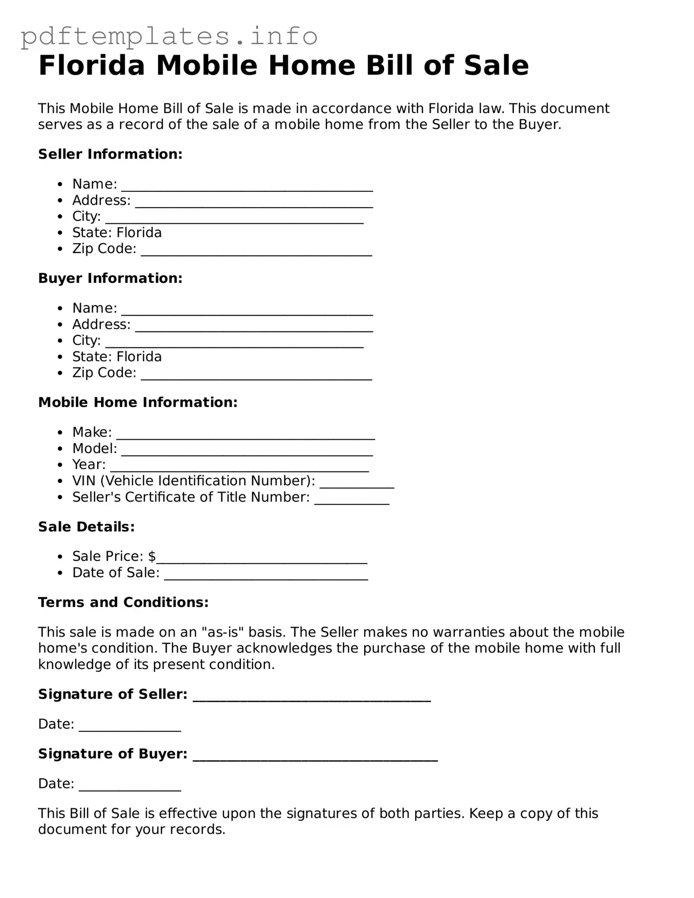 Blank Mobile Home Bill of Sale Form for Florida State