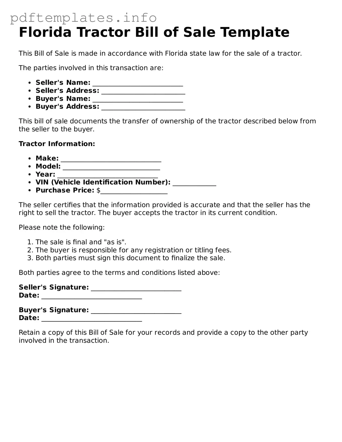 Blank Tractor Bill of Sale Form for Florida State