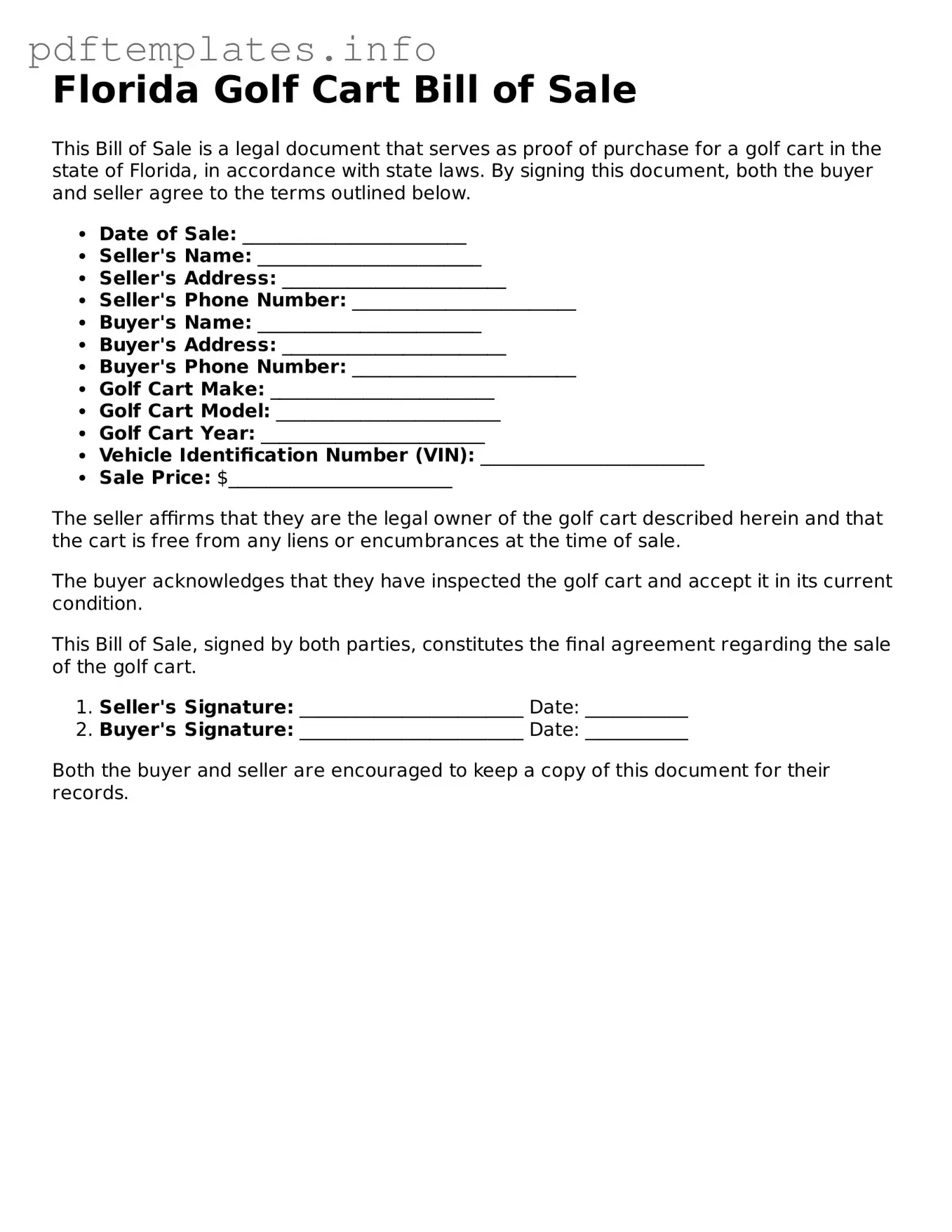 Blank Golf Cart Bill of Sale Form for Florida State