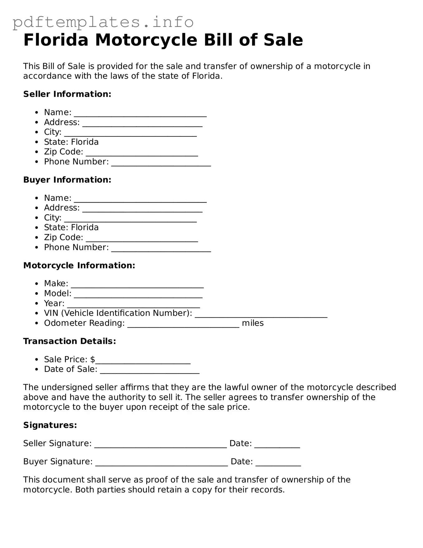 Blank Motorcycle Bill of Sale Form for Florida State