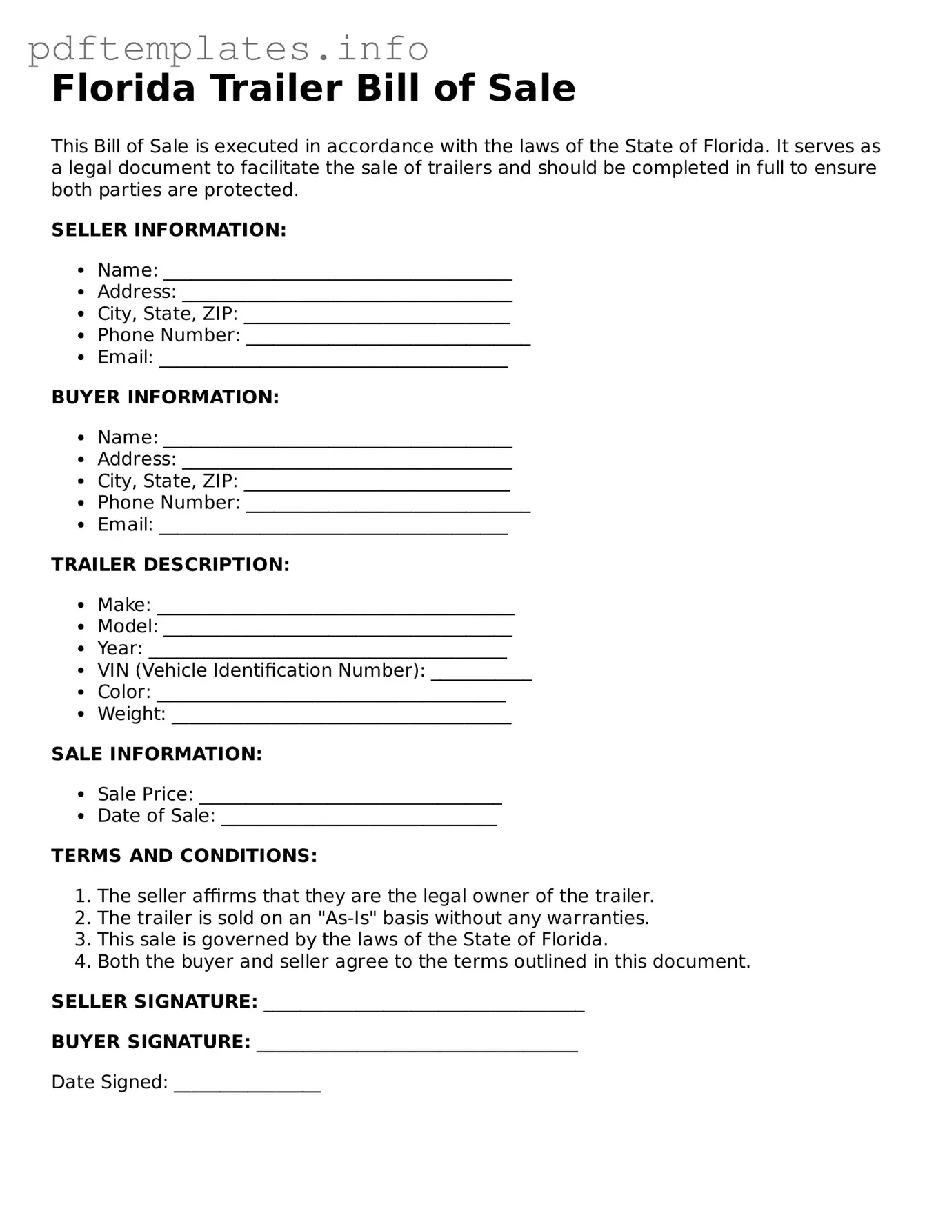 Blank Trailer Bill of Sale Form for Florida State