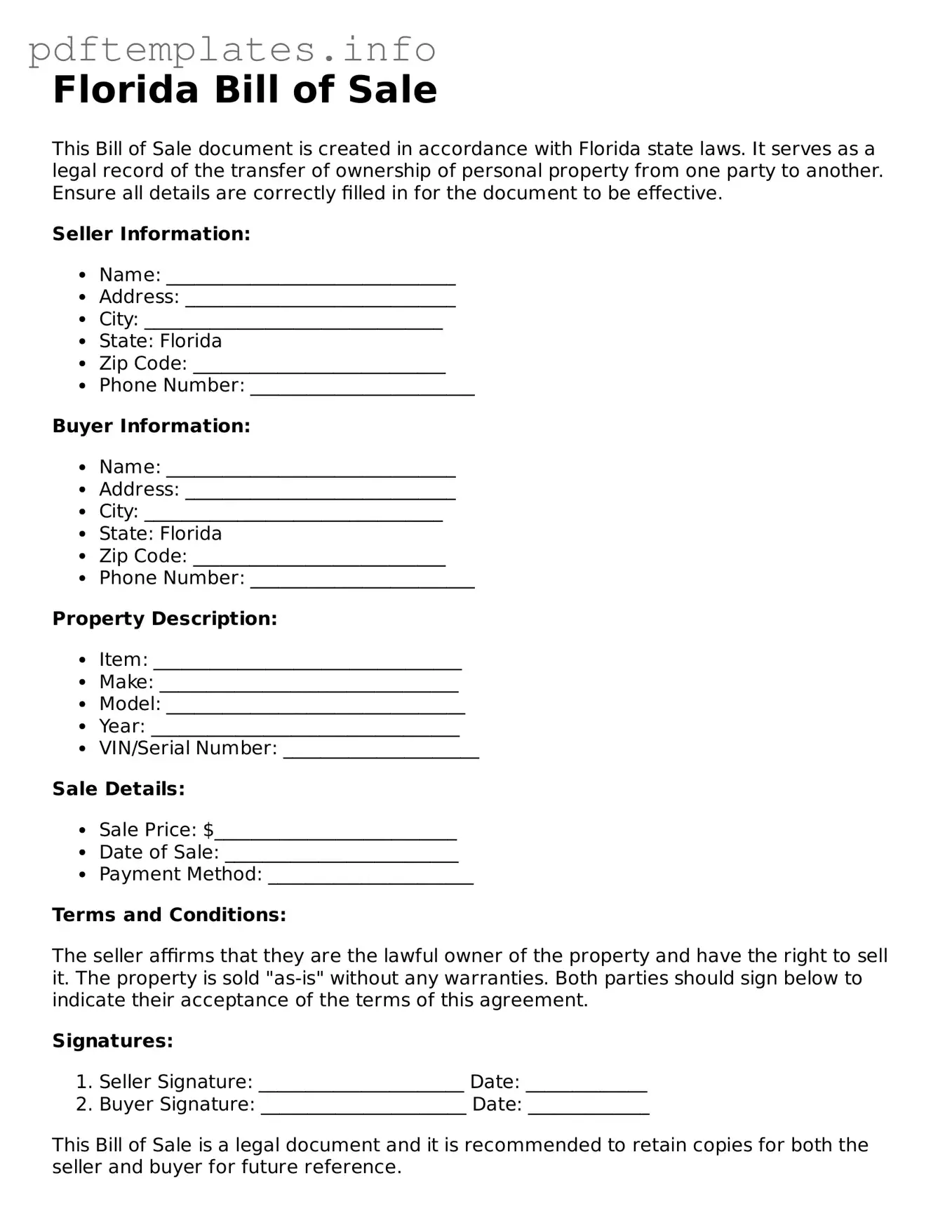 Blank Bill of Sale Form for Florida State