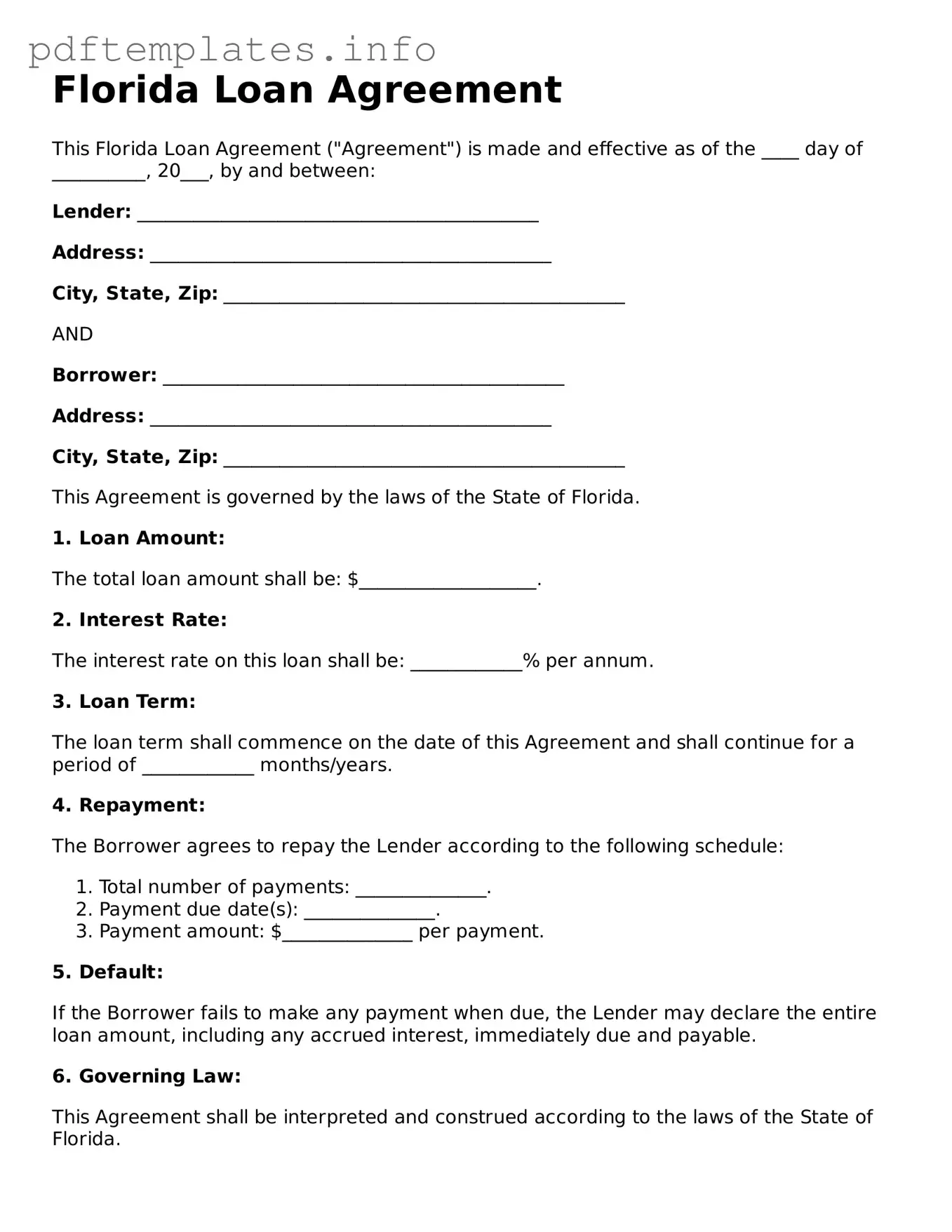 Blank Loan Agreement Form for Florida State