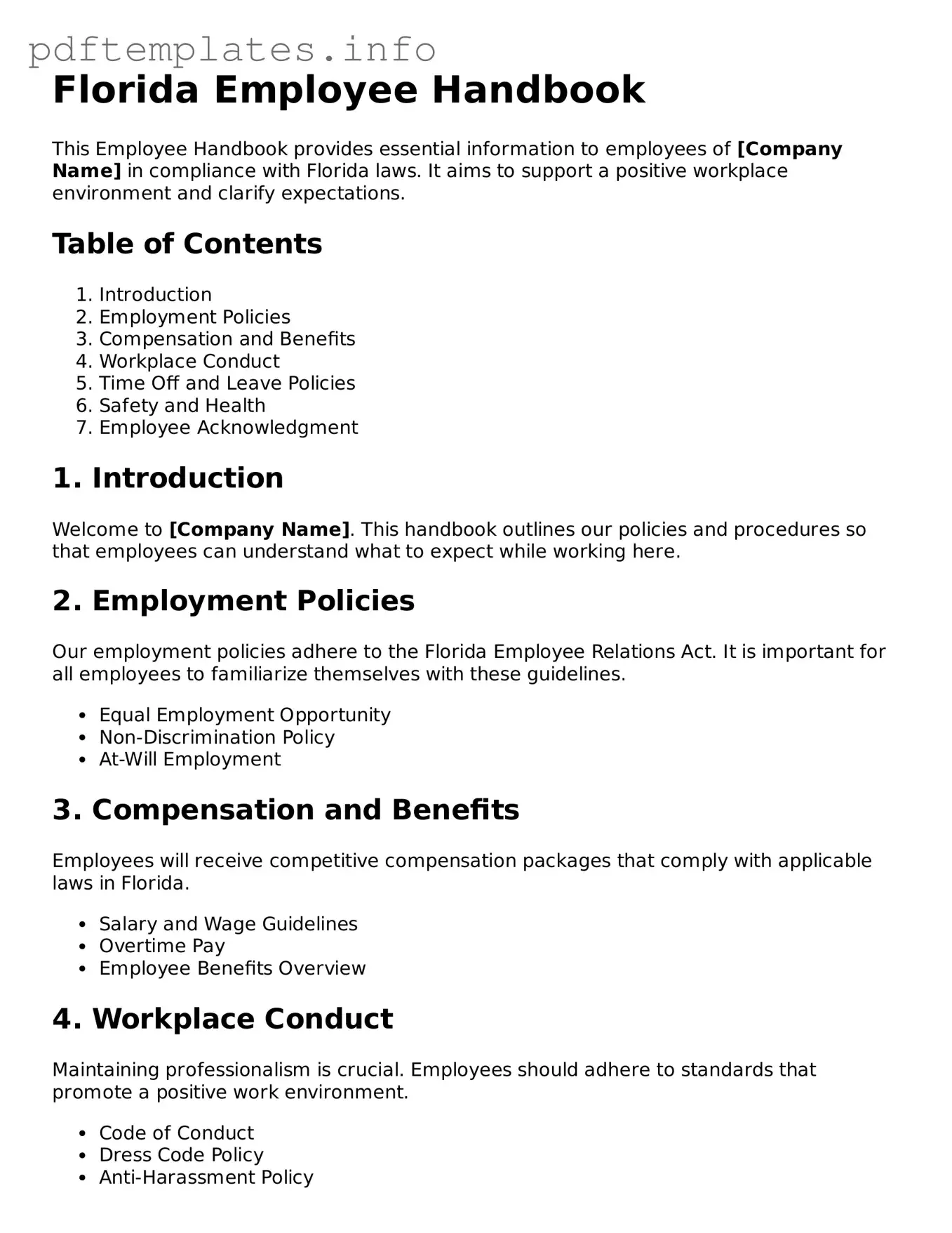 Blank Employee Handbook Form for Florida State