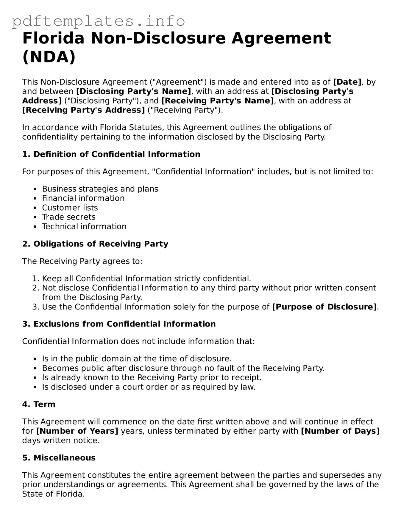 Blank Non-disclosure Agreement Form for Florida State
