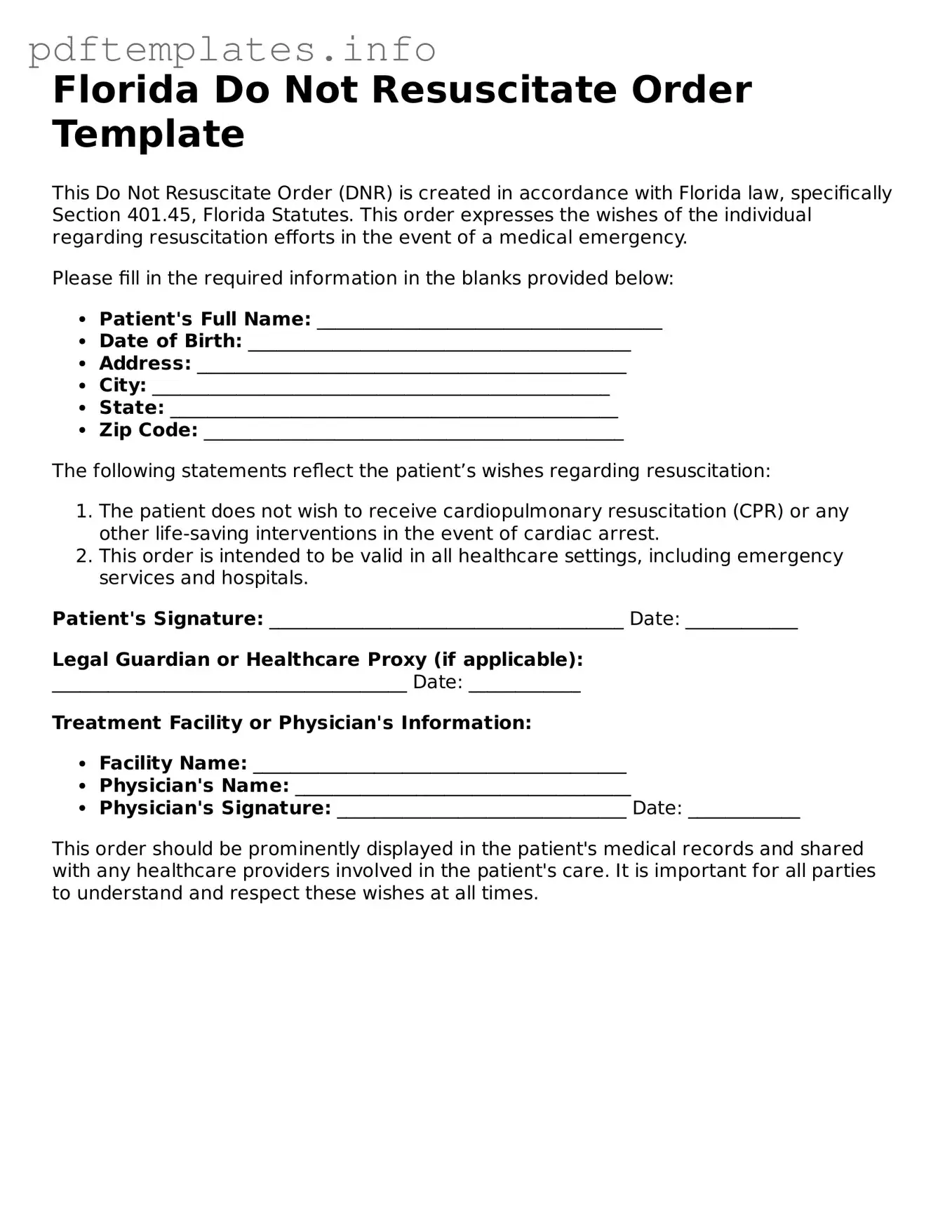 Blank Do Not Resuscitate Order Form for Florida State