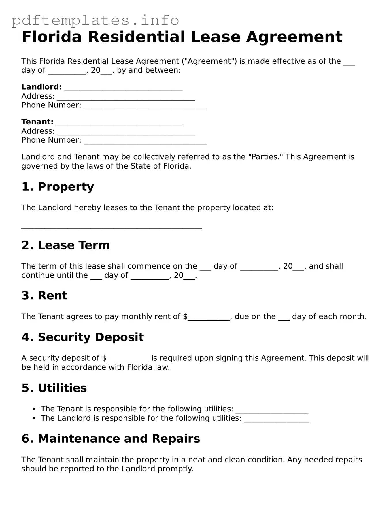 Blank Residential Lease Agreement Form for Florida State