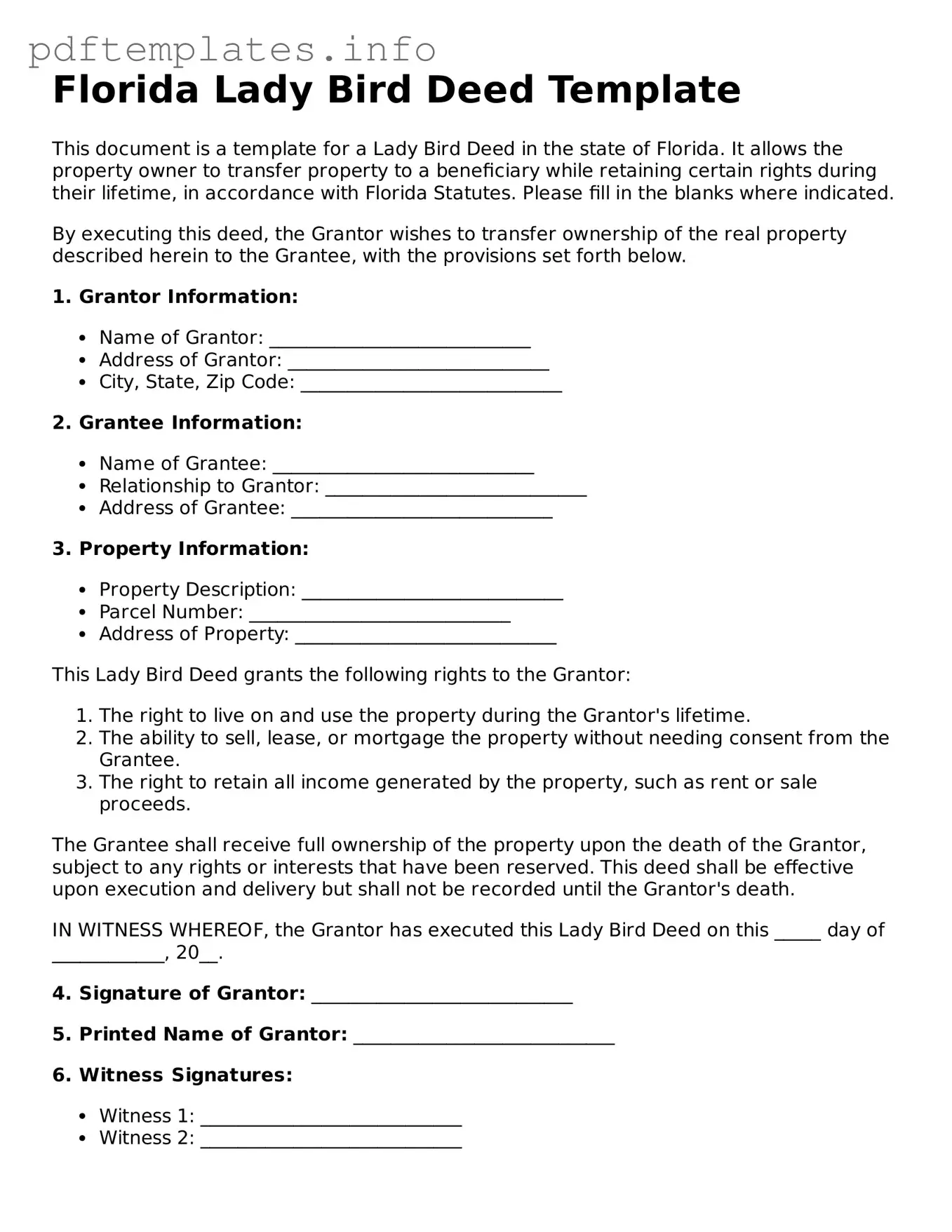 Blank Lady Bird Deed Form for Florida State