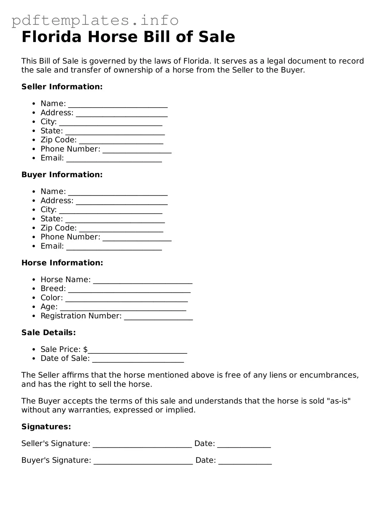 Blank Horse Bill of Sale Form for Florida State