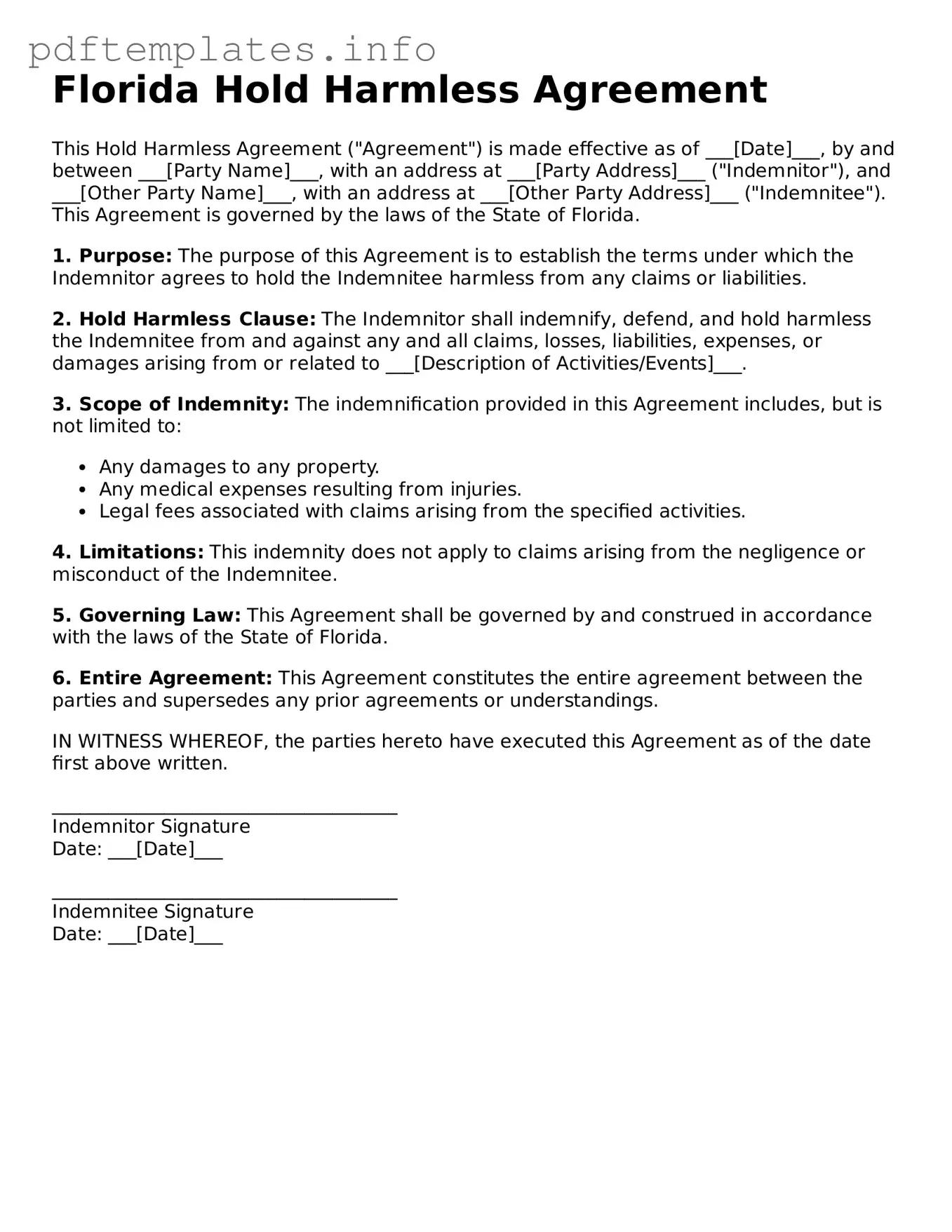 Blank Hold Harmless Agreement Form for Florida State