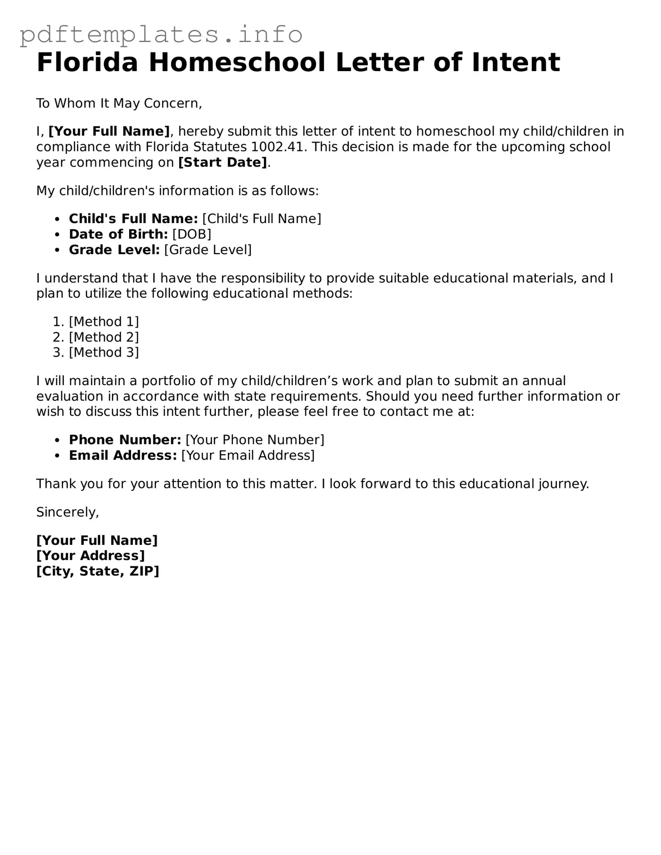 Blank Homeschool Letter of Intent Form for Florida State