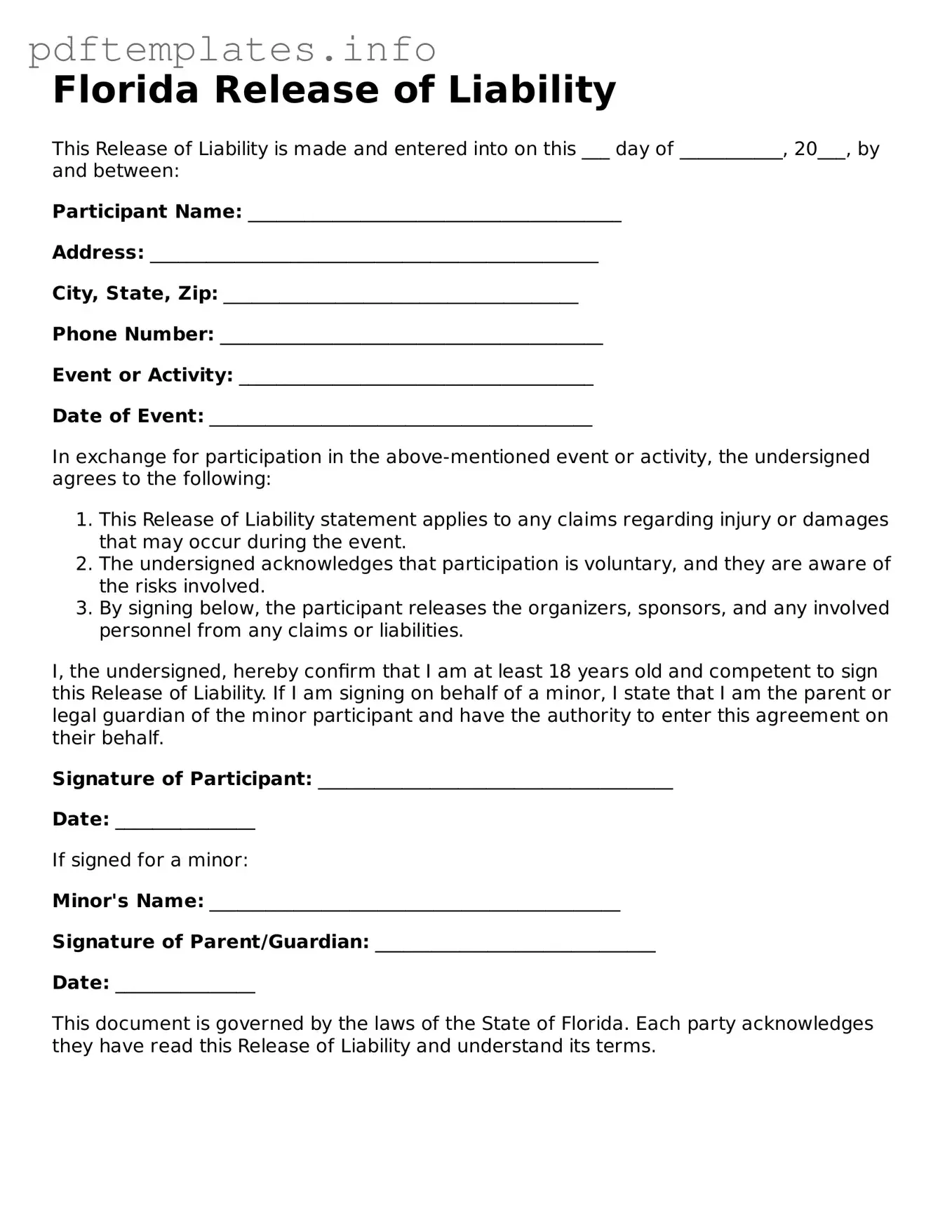 Blank Release of Liability Form for Florida State