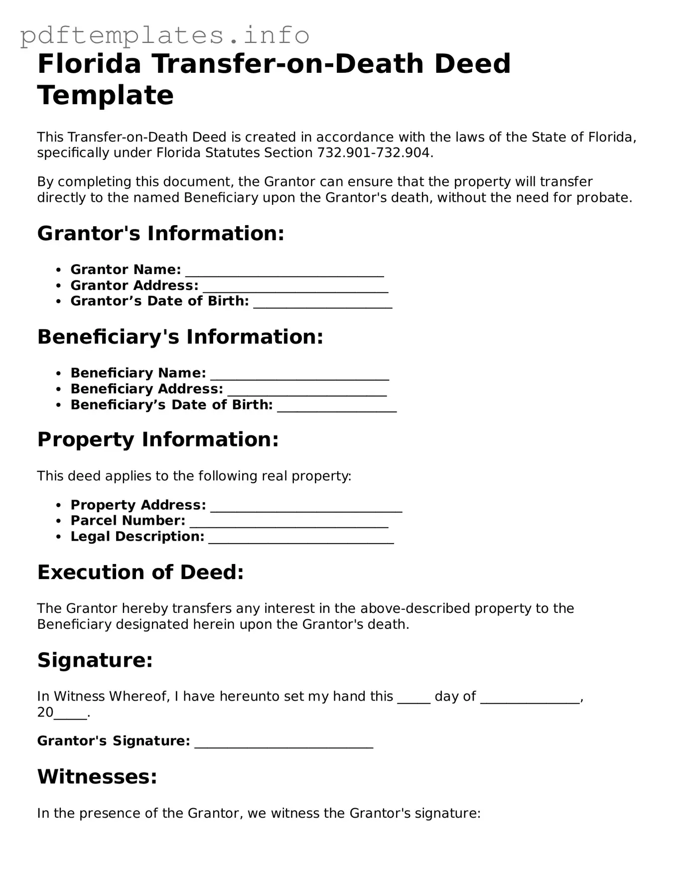 Blank Transfer-on-Death Deed Form for Florida State