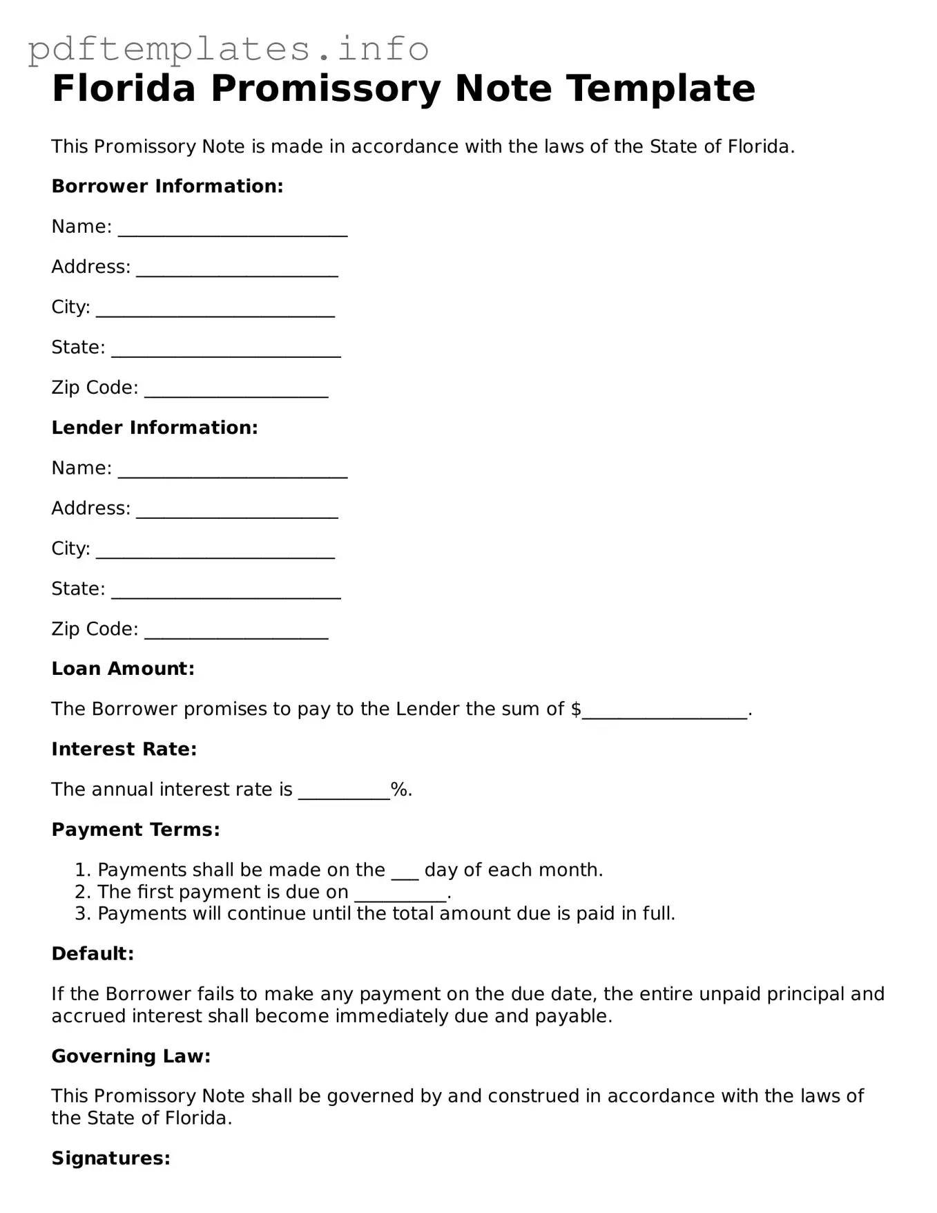 Blank Promissory Note Form for Florida State