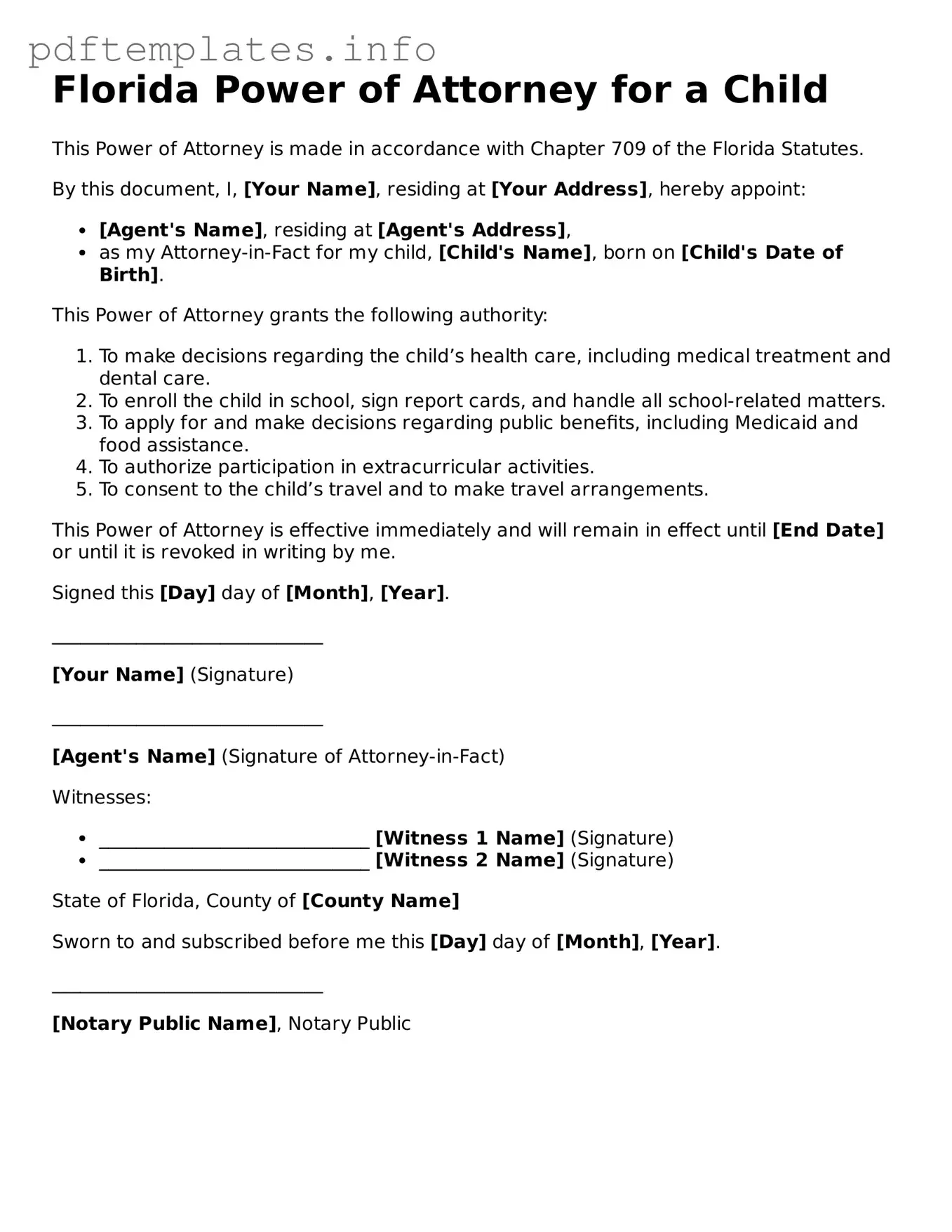 Blank Power of Attorney for a Child Form for Florida State