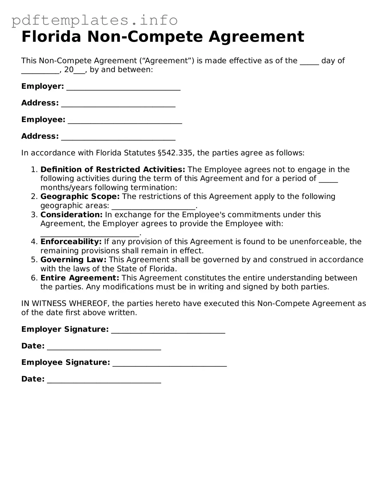 Blank Non-compete Agreement Form for Florida State