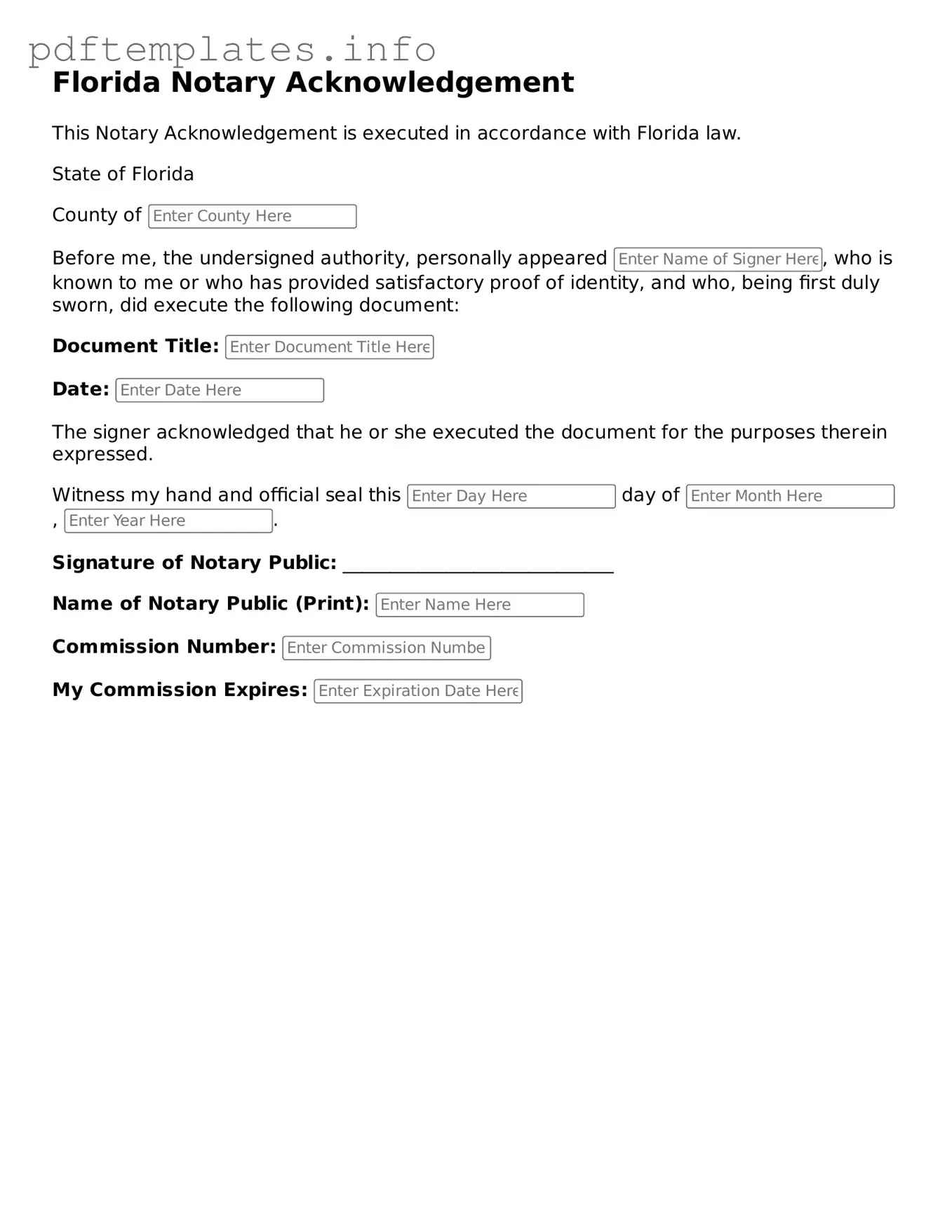 Blank Notary Acknowledgement Form for Florida State