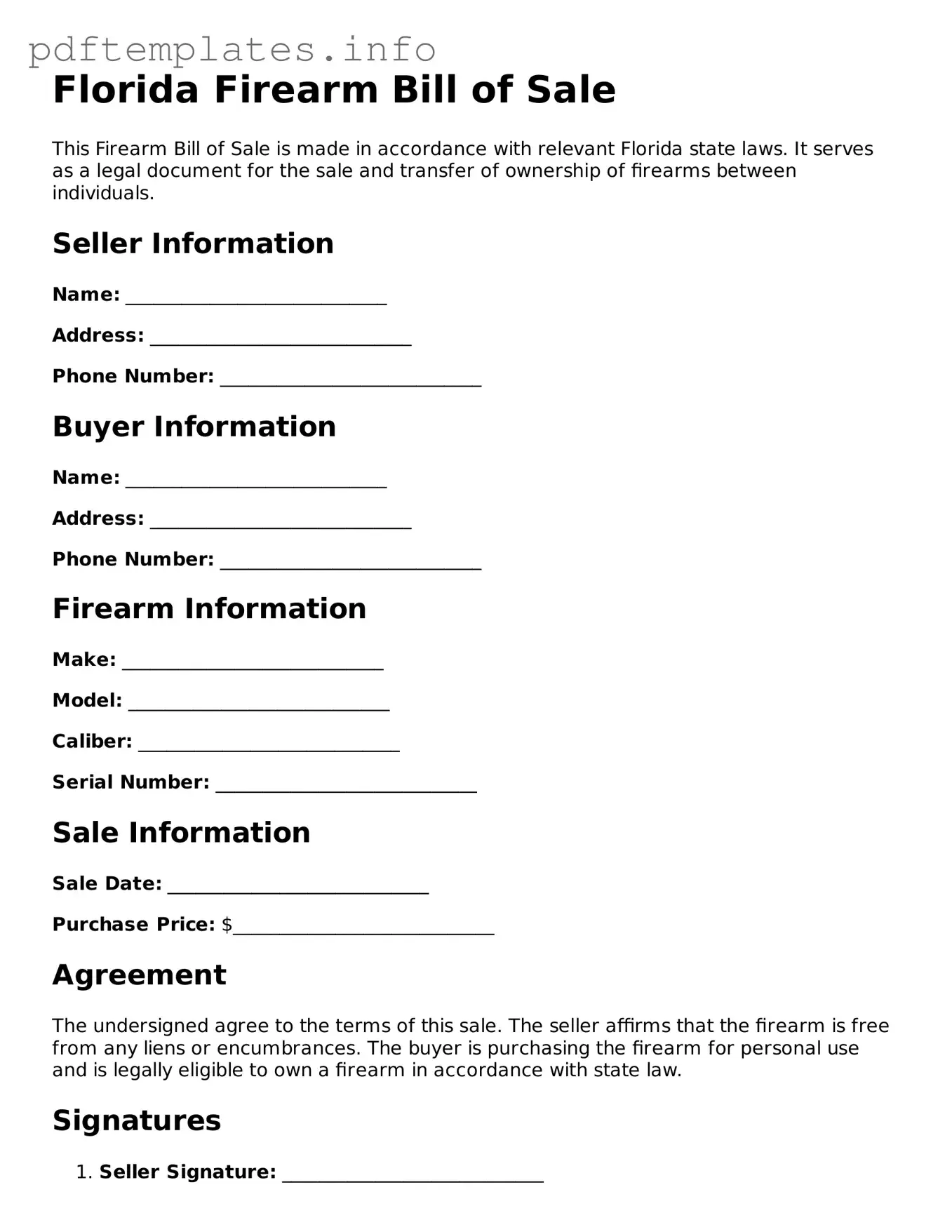 Blank Firearm Bill of Sale Form for Florida State