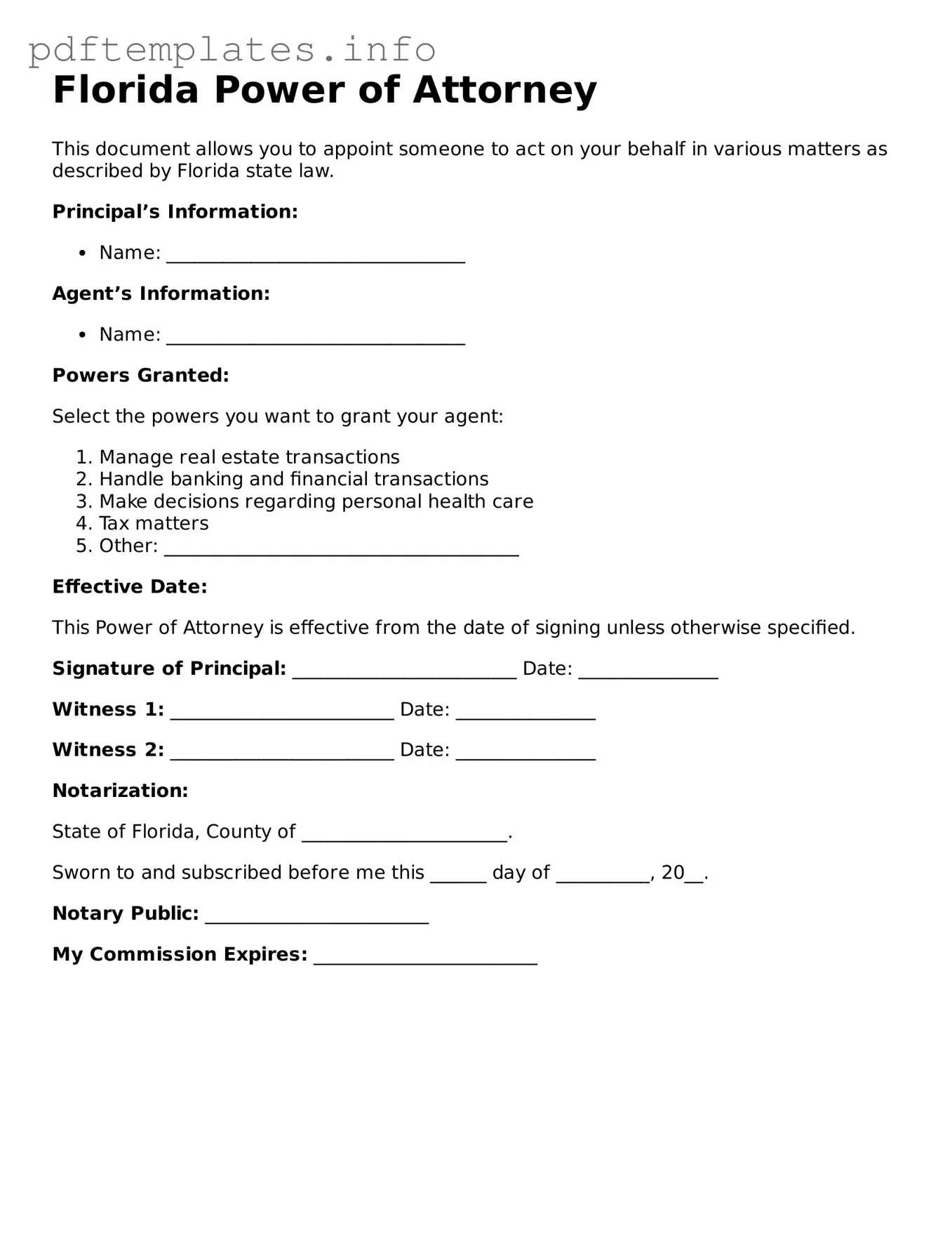 Blank Power of Attorney Form for Florida State