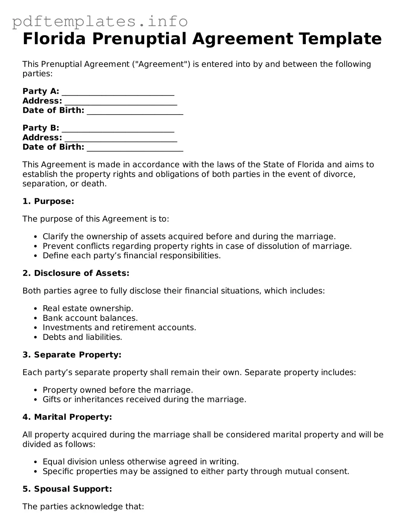 Blank Prenuptial Agreement Form for Florida State