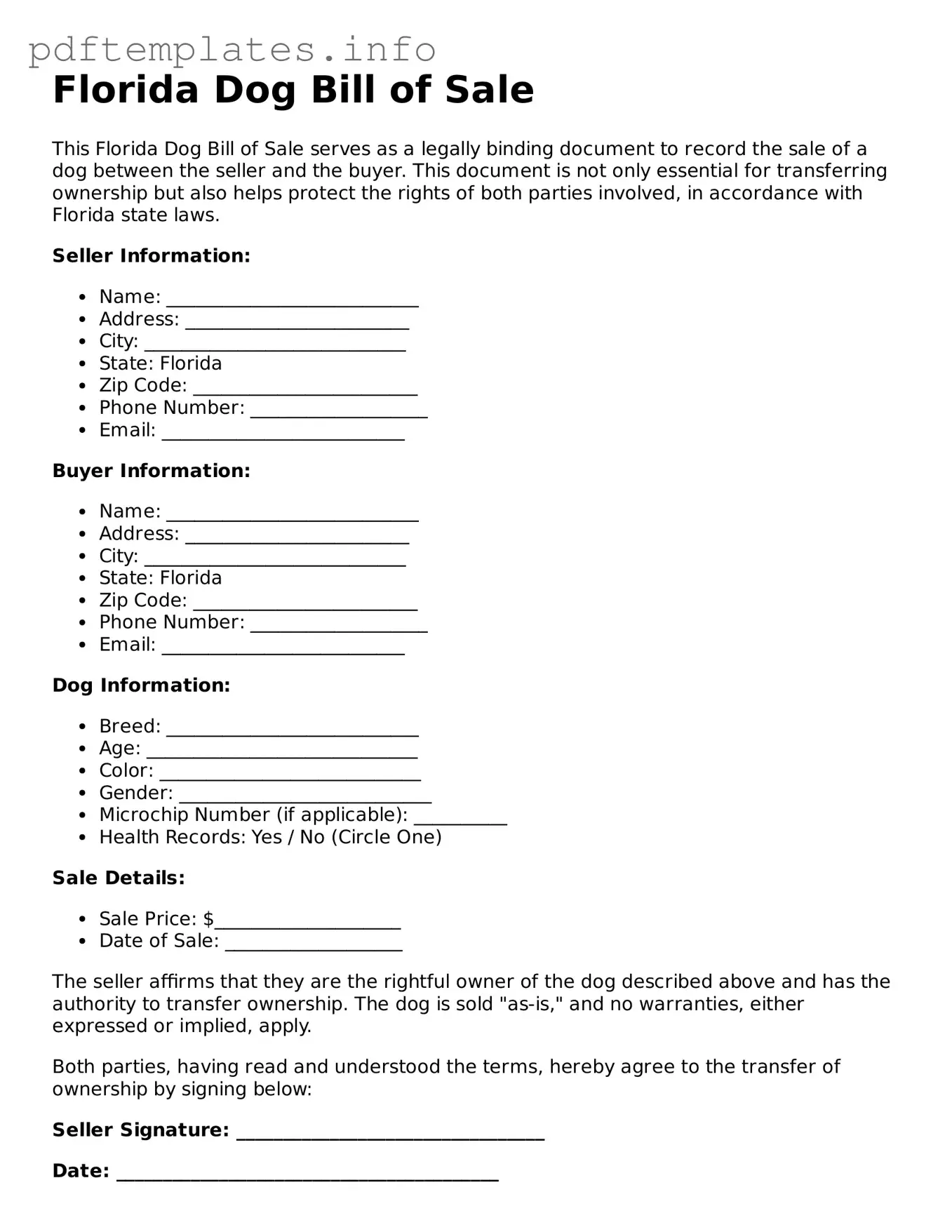 Blank Dog Bill of Sale Form for Florida State