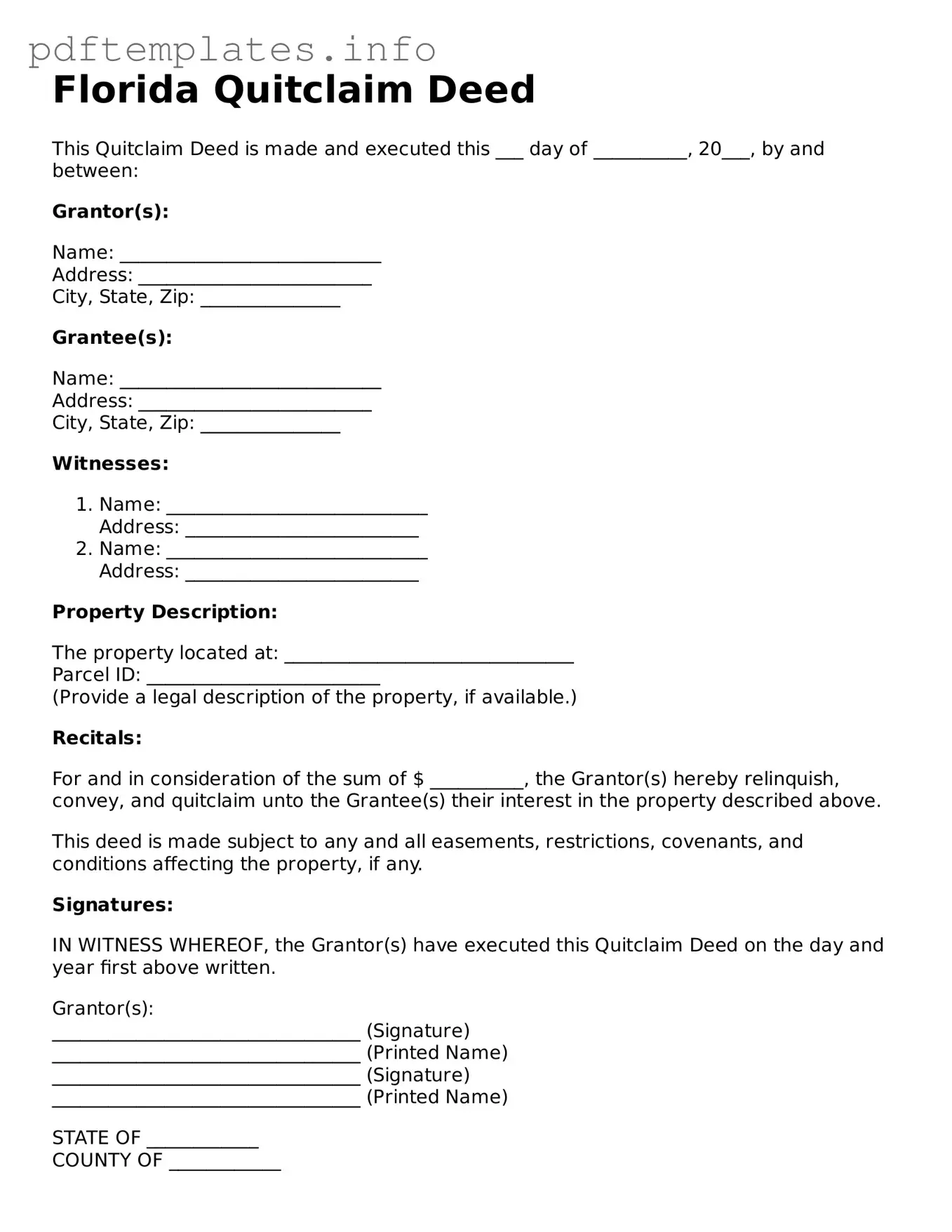 Blank Quitclaim Deed Form for Florida State
