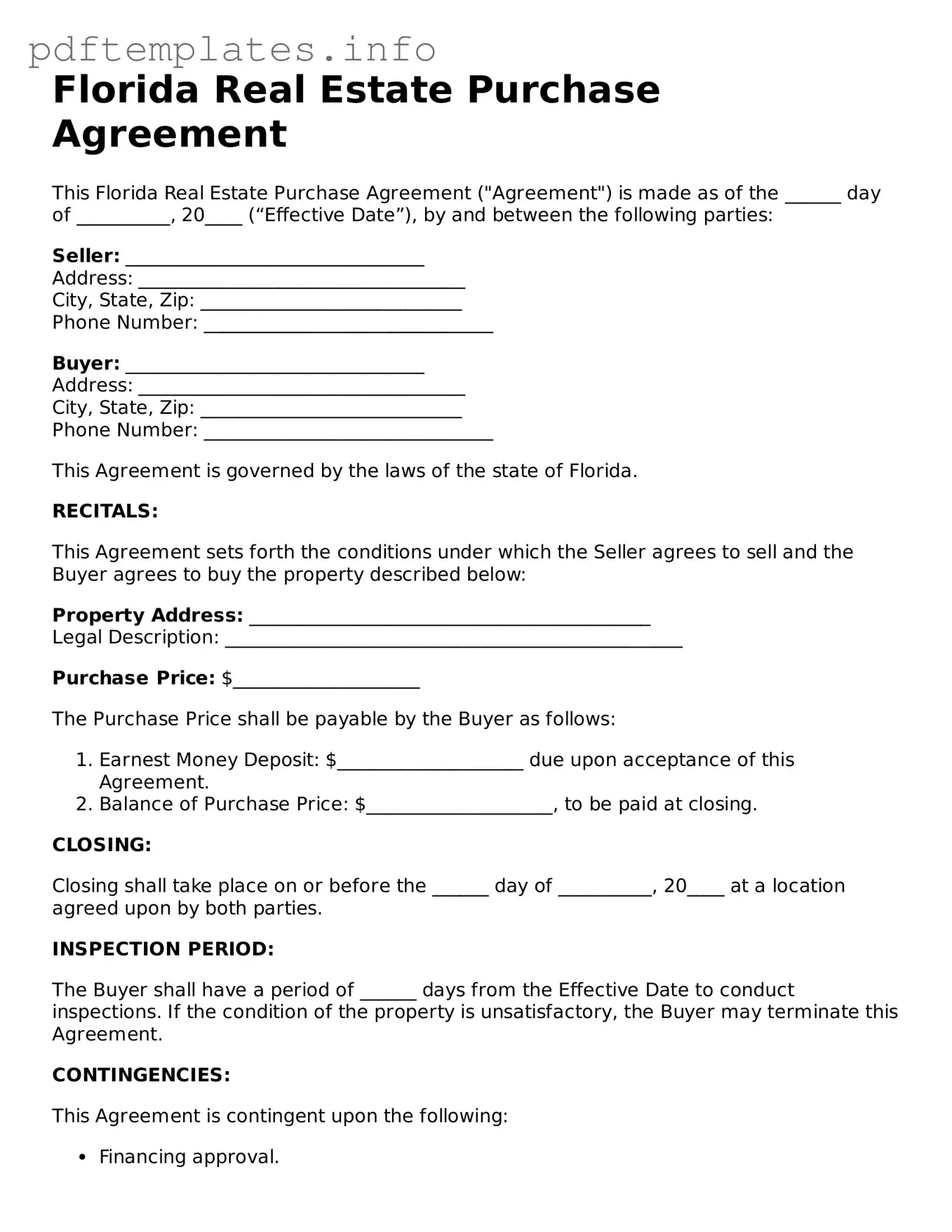 Blank Real Estate Purchase Agreement Form for Florida State