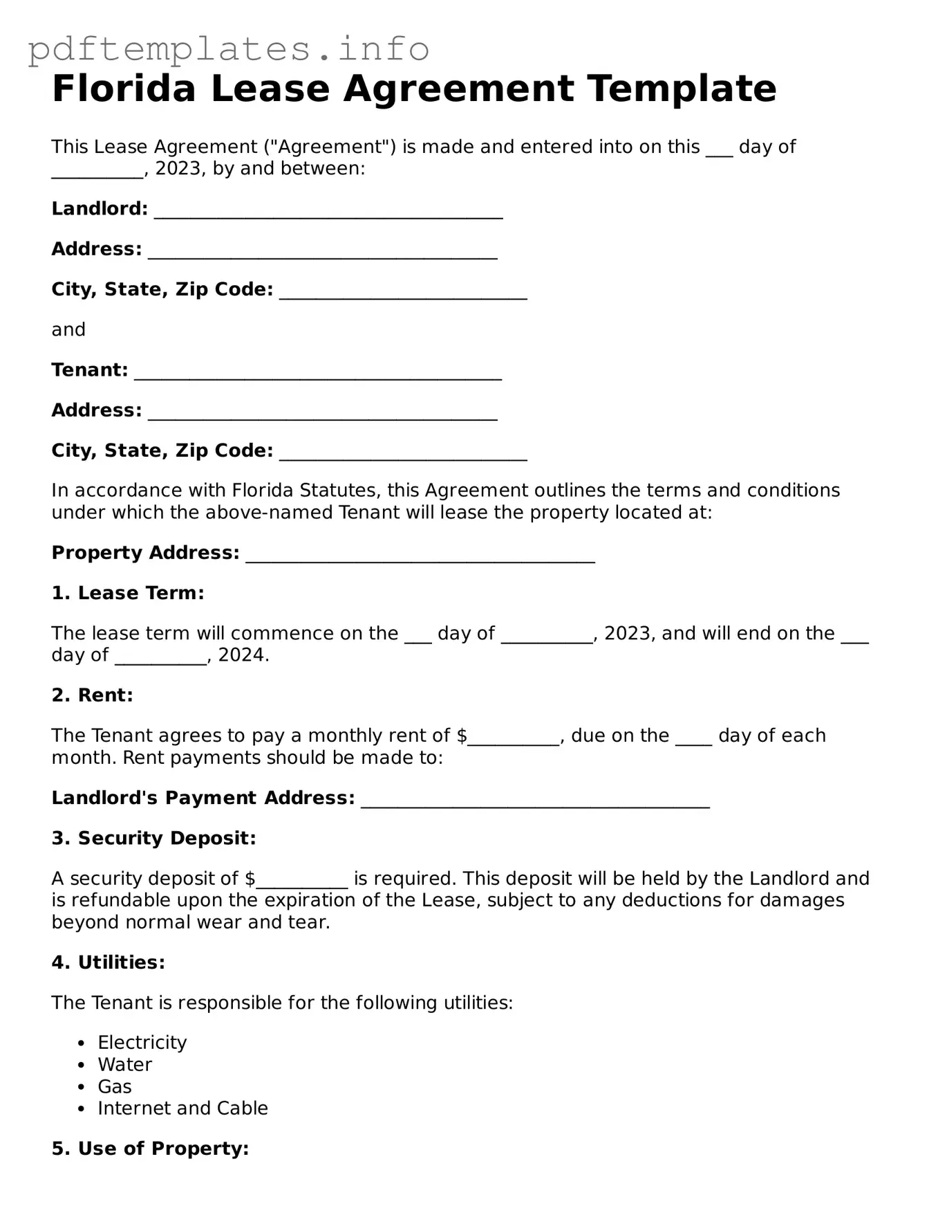 Blank Lease Agreement Form for Florida State